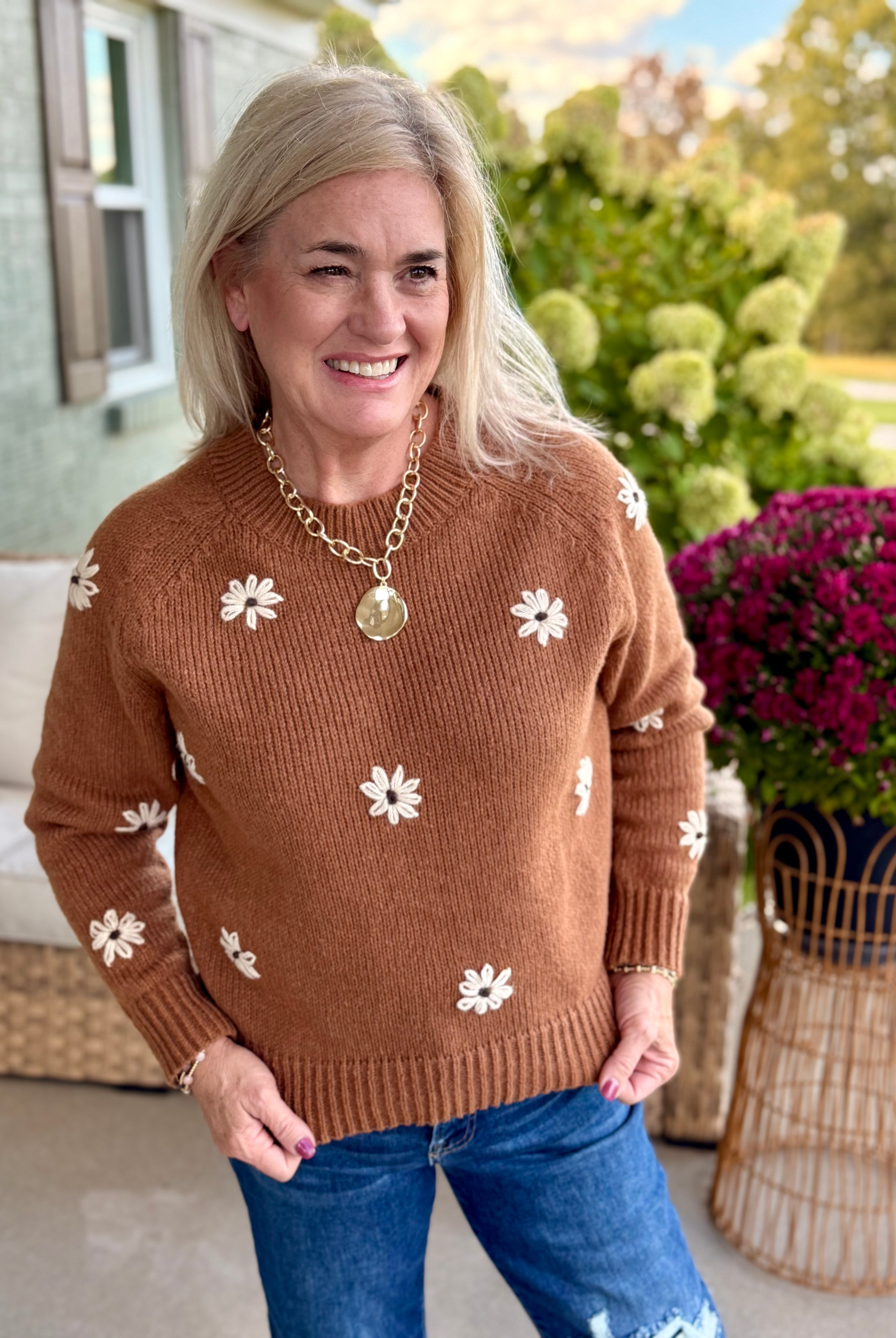 Embroidered Daisy Sweater-140 Sweaters-bibi-The Lovely Closet, Women's Fashion Boutique in Alexandria, KY