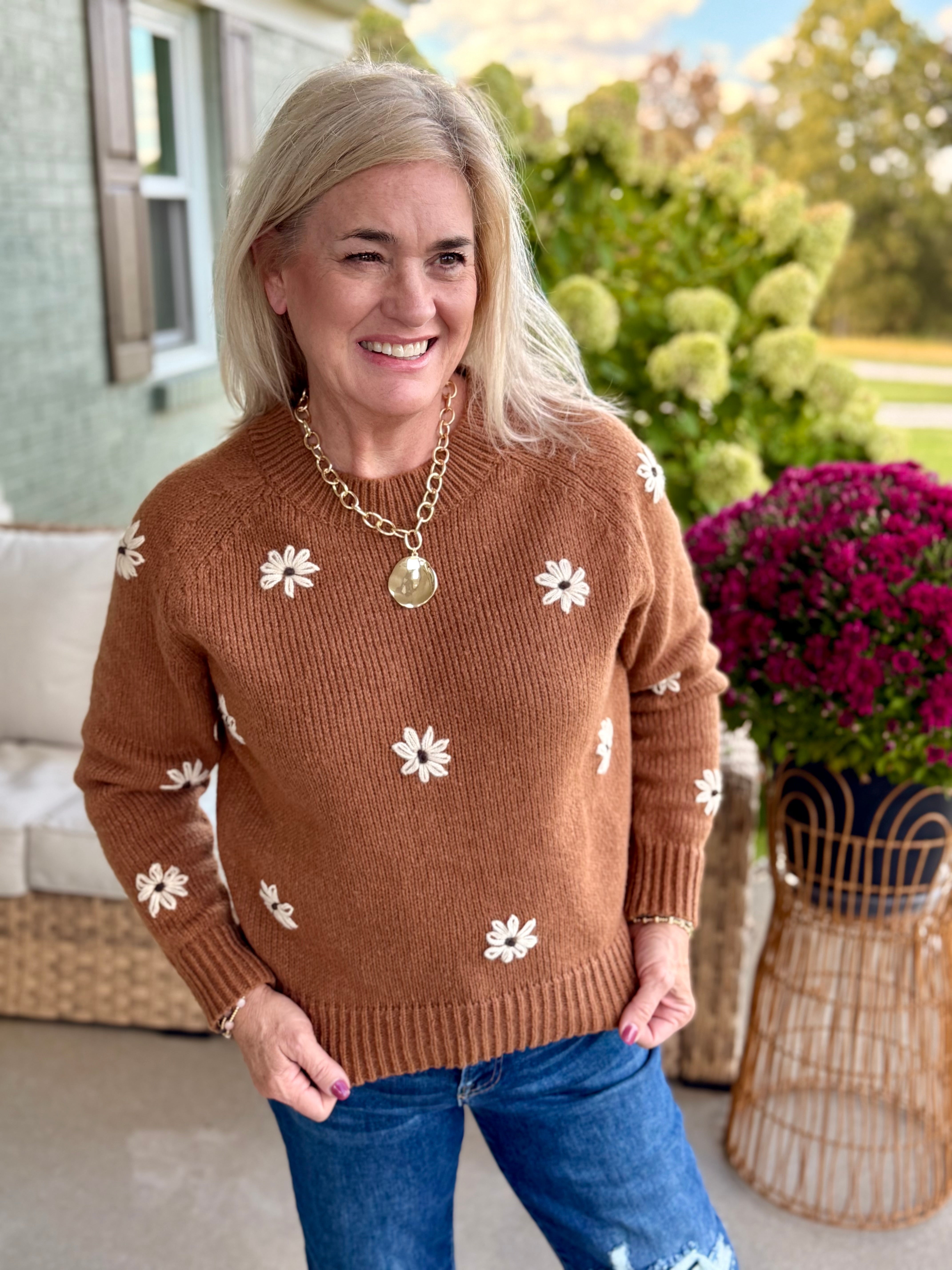 Embroidered Daisy Sweater-140 Sweaters-bibi-The Lovely Closet, Women's Fashion Boutique in Alexandria, KY