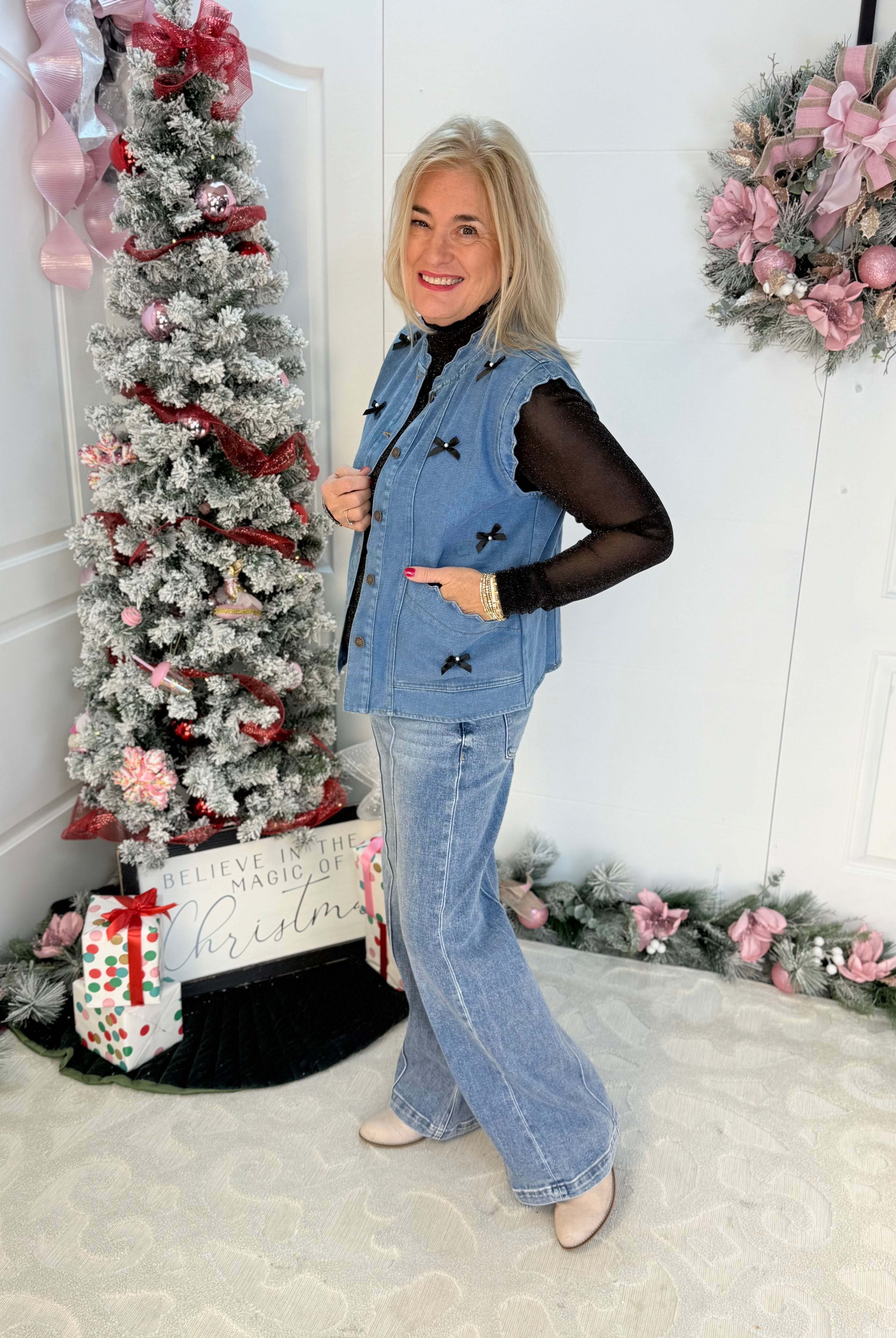 Scalloped Denim Vest with Bow Embellishments-170 Jackets/Outerwear-ODDI-The Lovely Closet, Women's Fashion Boutique in Alexandria, KY