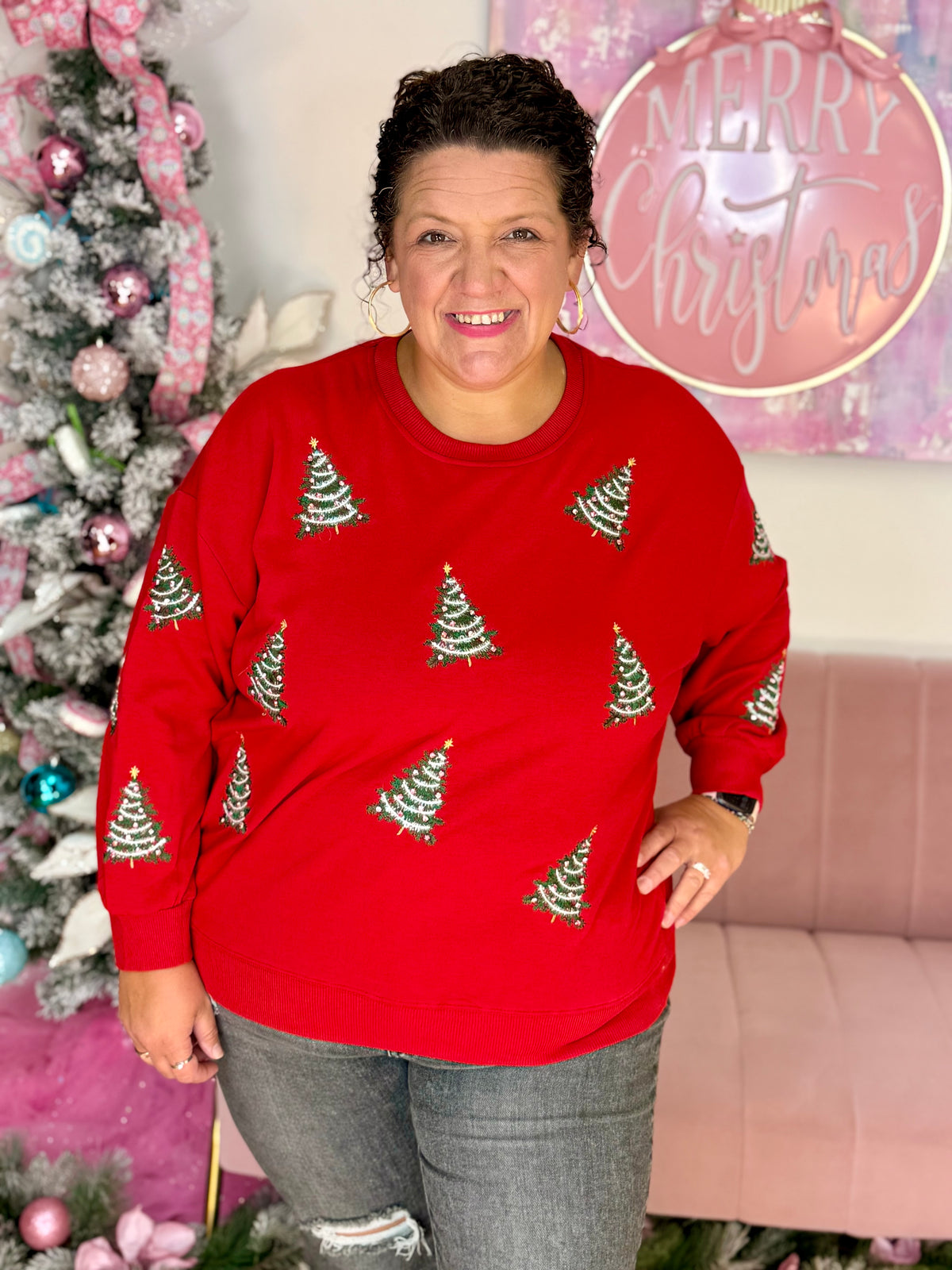 Sarah Merry Trees Sweatshirt - Red-110 Long Sleeve Top-Mary square-The Lovely Closet, Women's Fashion Boutique in Alexandria, KY