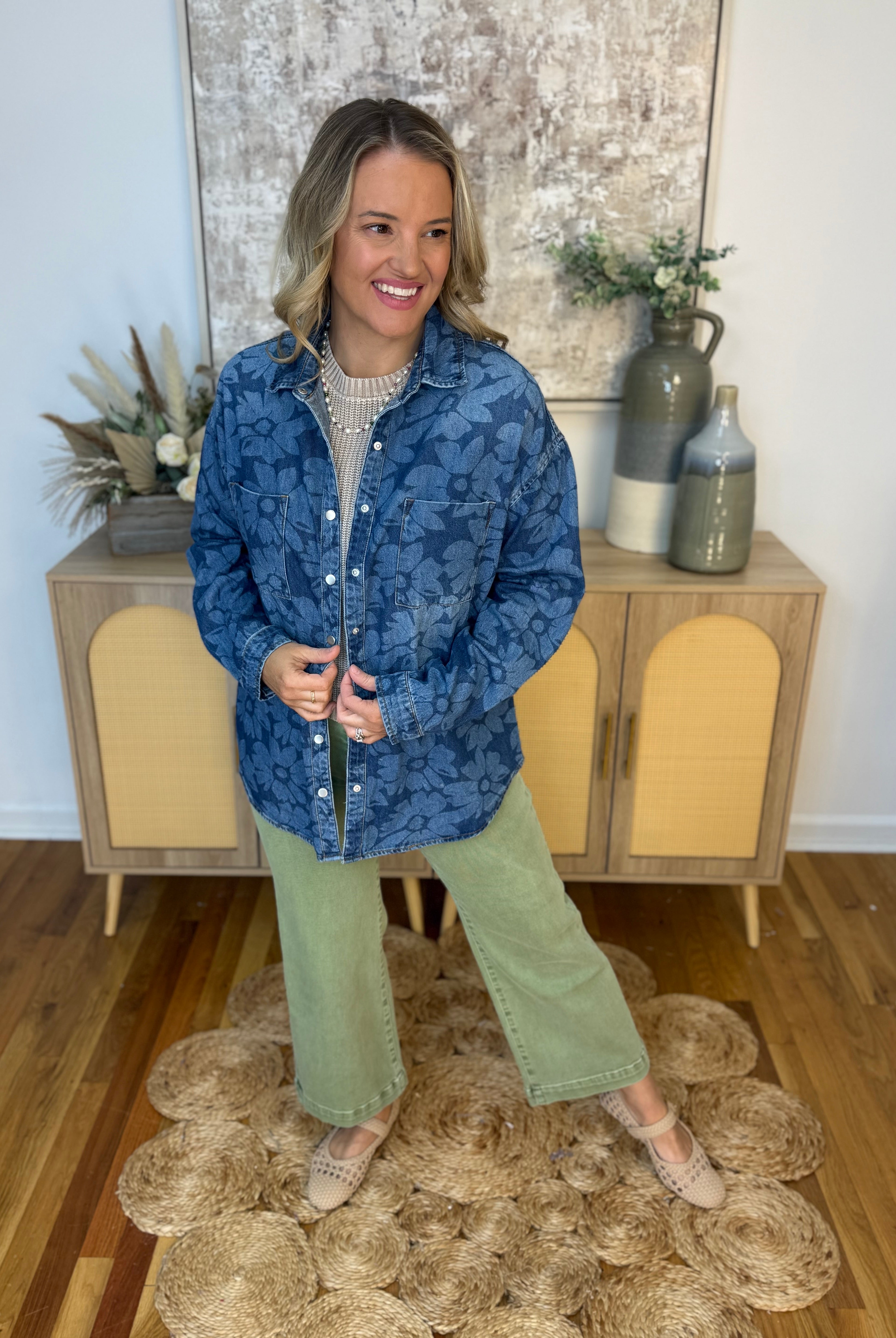 RISEN Floral Print Denim Shirt-110 Long Sleeve Top-Risen-The Lovely Closet, Women's Fashion Boutique in Alexandria, KY