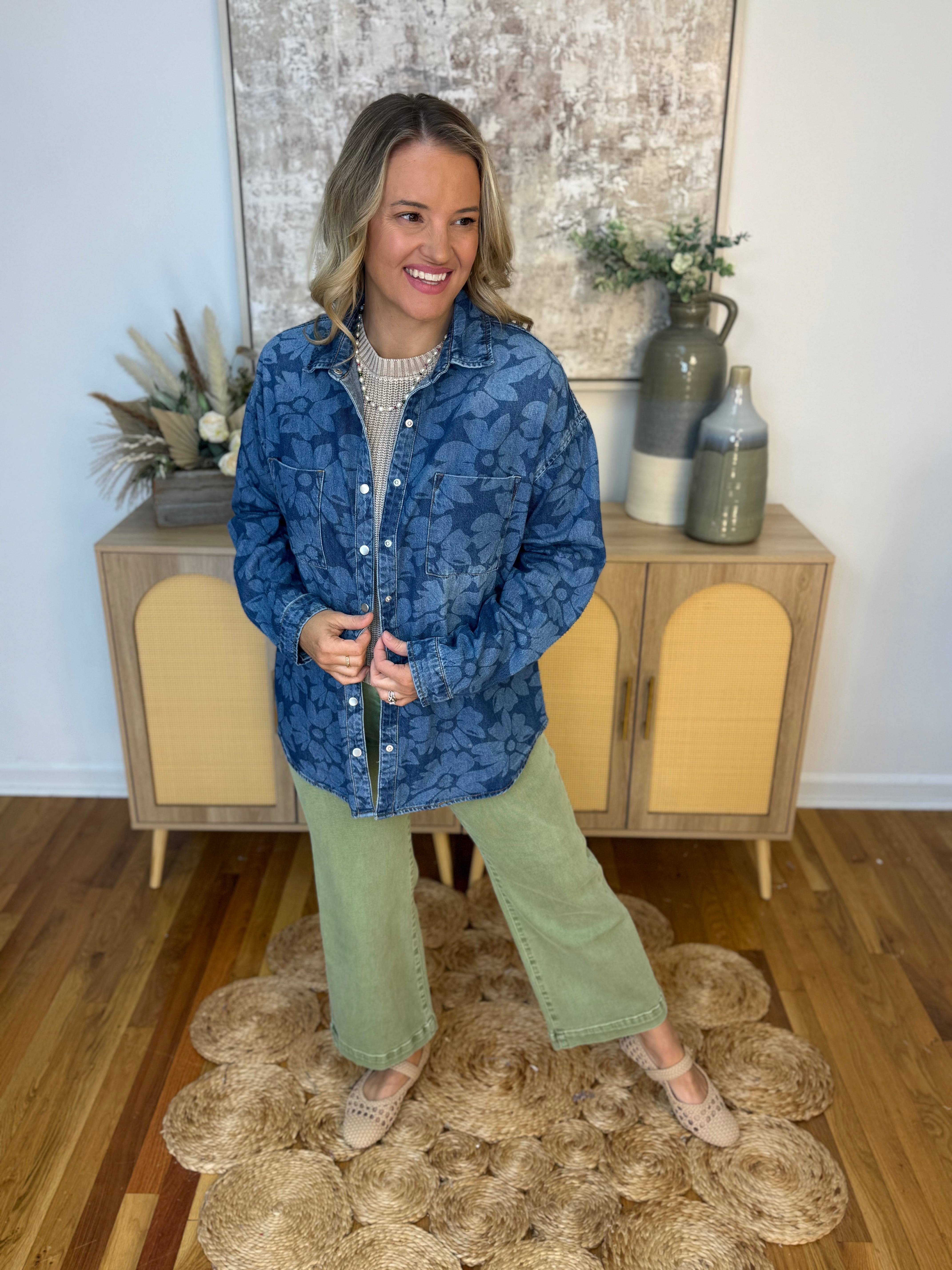 RISEN Floral Print Denim Shirt-110 Long Sleeve Top-Risen-The Lovely Closet, Women's Fashion Boutique in Alexandria, KY