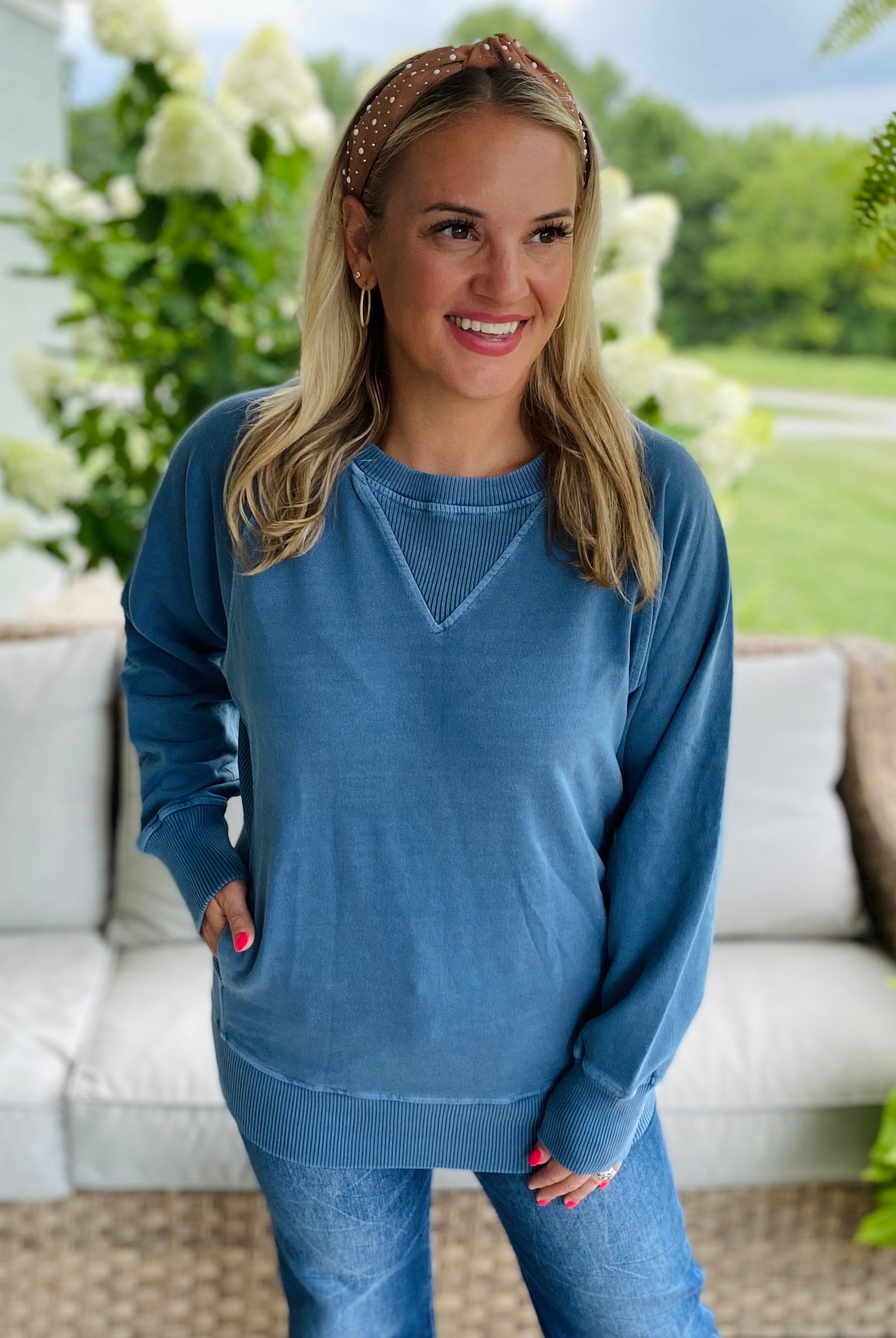 Keeping it Causal Pullover 2025 - Dusty Blue-150 Sweatshirts-zenana-The Lovely Closet, Women's Fashion Boutique in Alexandria, KY
