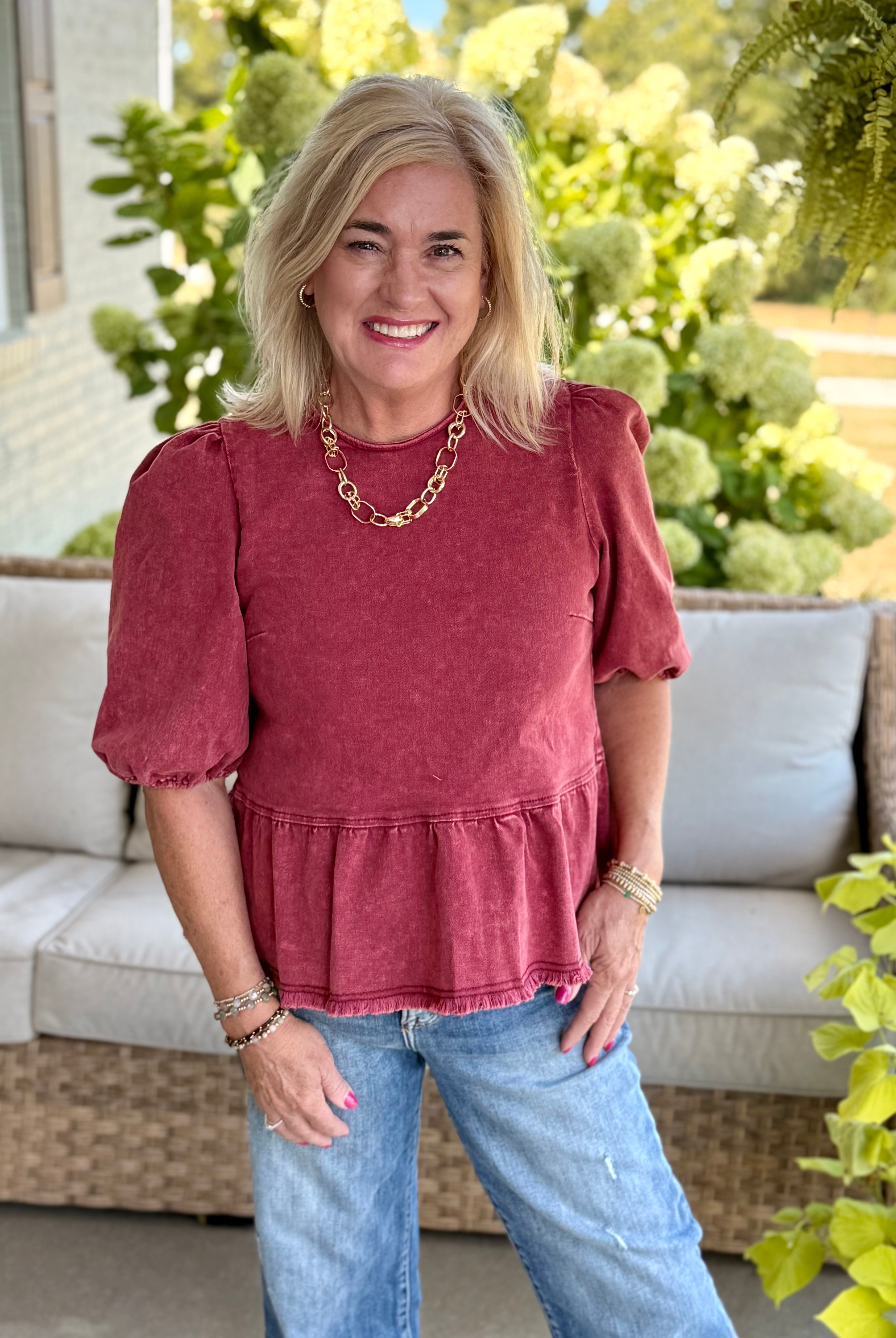 Cider & Cinnamon Washed Denim Top - Garnet-100 Short Sleeve Tops-Anniewear-The Lovely Closet, Women's Fashion Boutique in Alexandria, KY