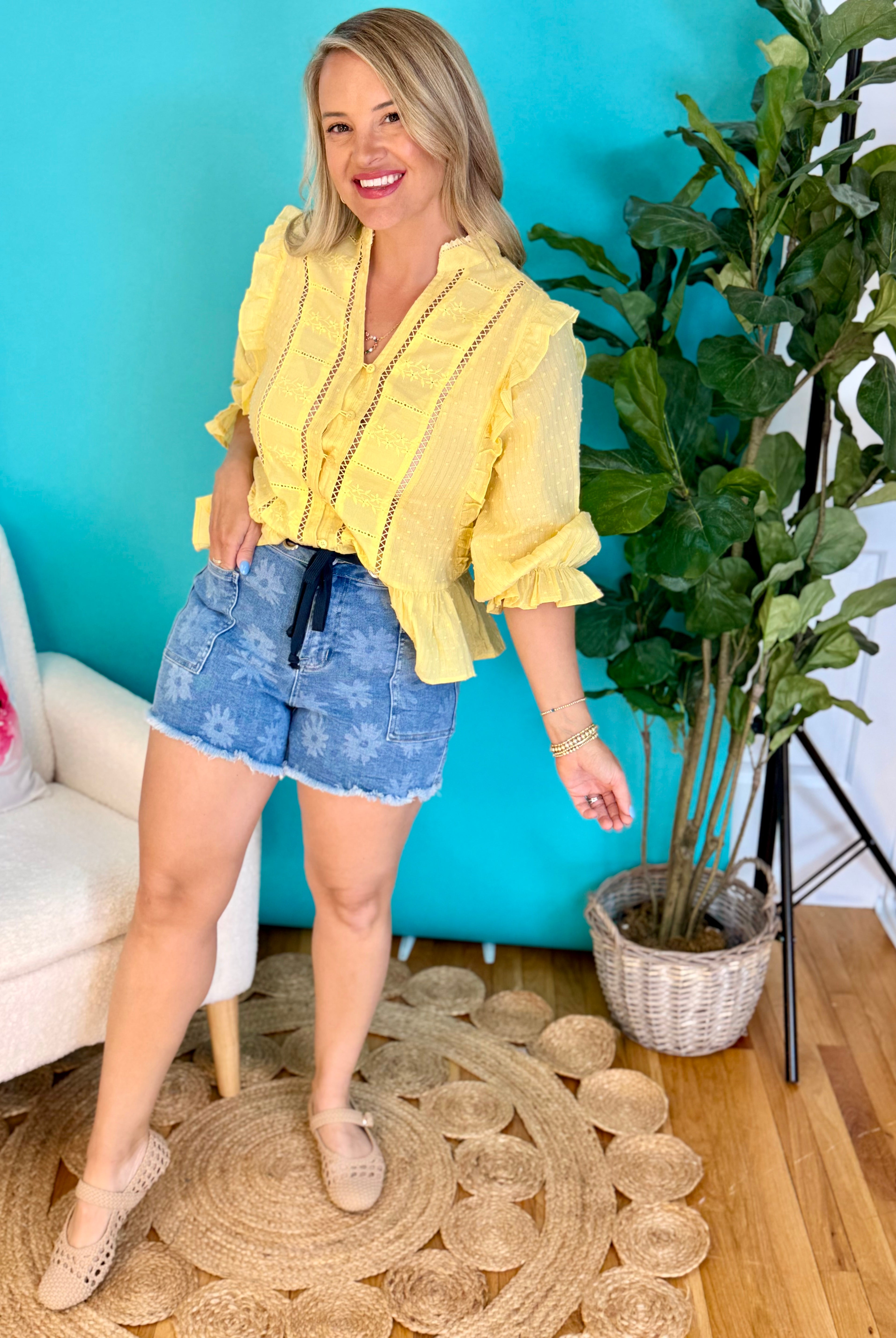 Daisy Print Stretch Denim Tie Shorts-230 Skirts/Shorts-Anniewear-The Lovely Closet, Women's Fashion Boutique in Alexandria, KY