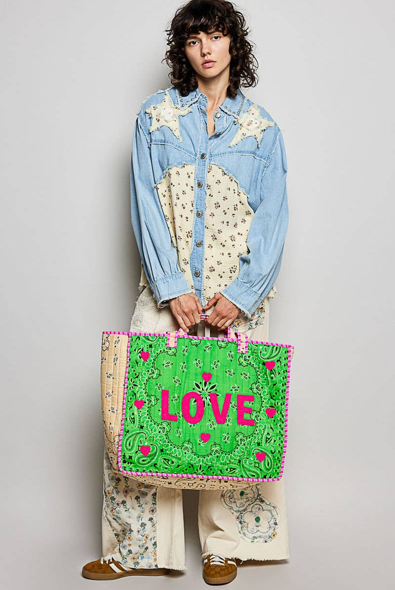 LOVE Bandana Quilted Tote Bag-280 Accessories-Pol Clothing-The Lovely Closet, Women's Fashion Boutique in Alexandria, KY