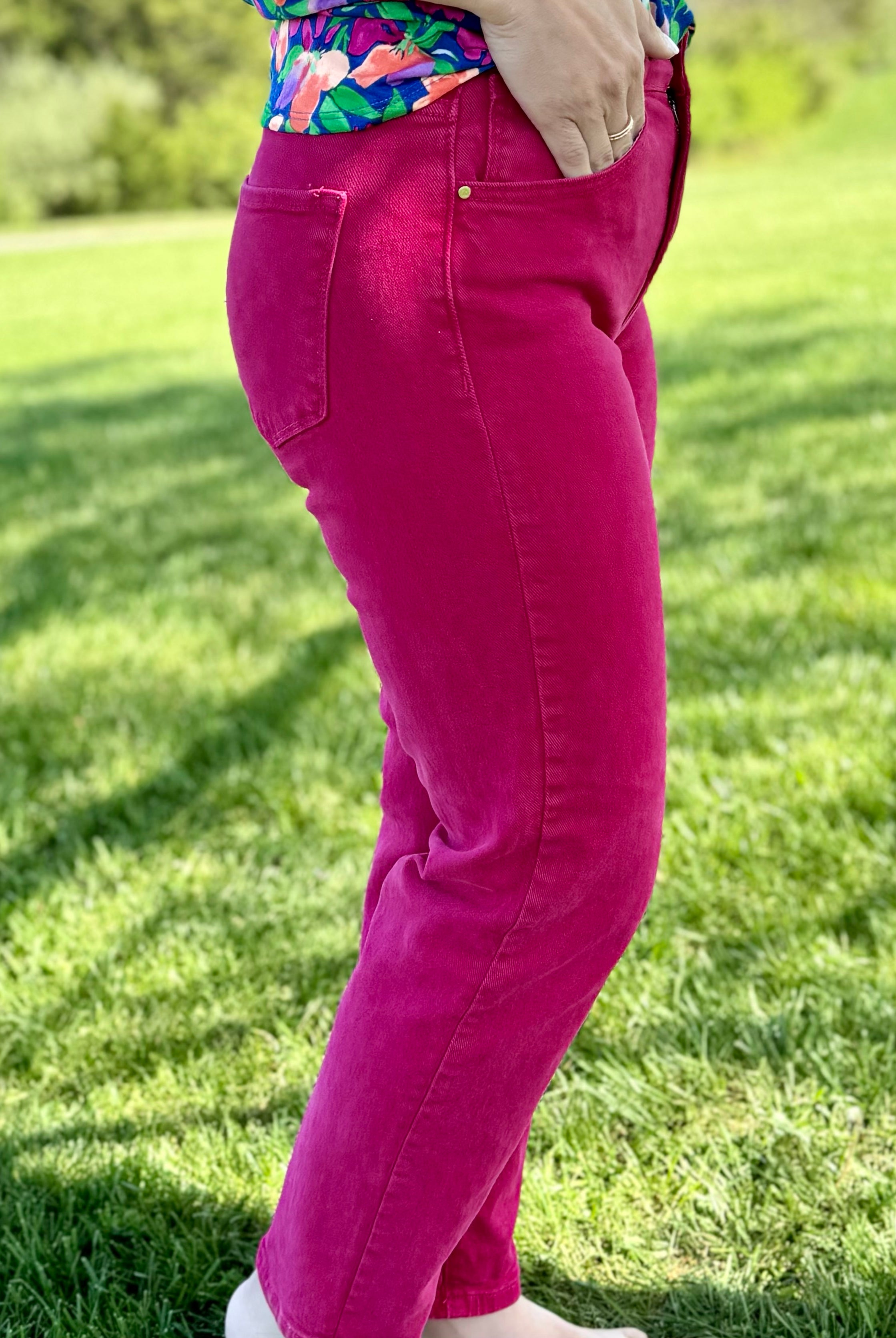RISEN - Hot Pink Boyfriend Pants-210 Jeans-Risen-The Lovely Closet, Women's Fashion Boutique in Alexandria, KY