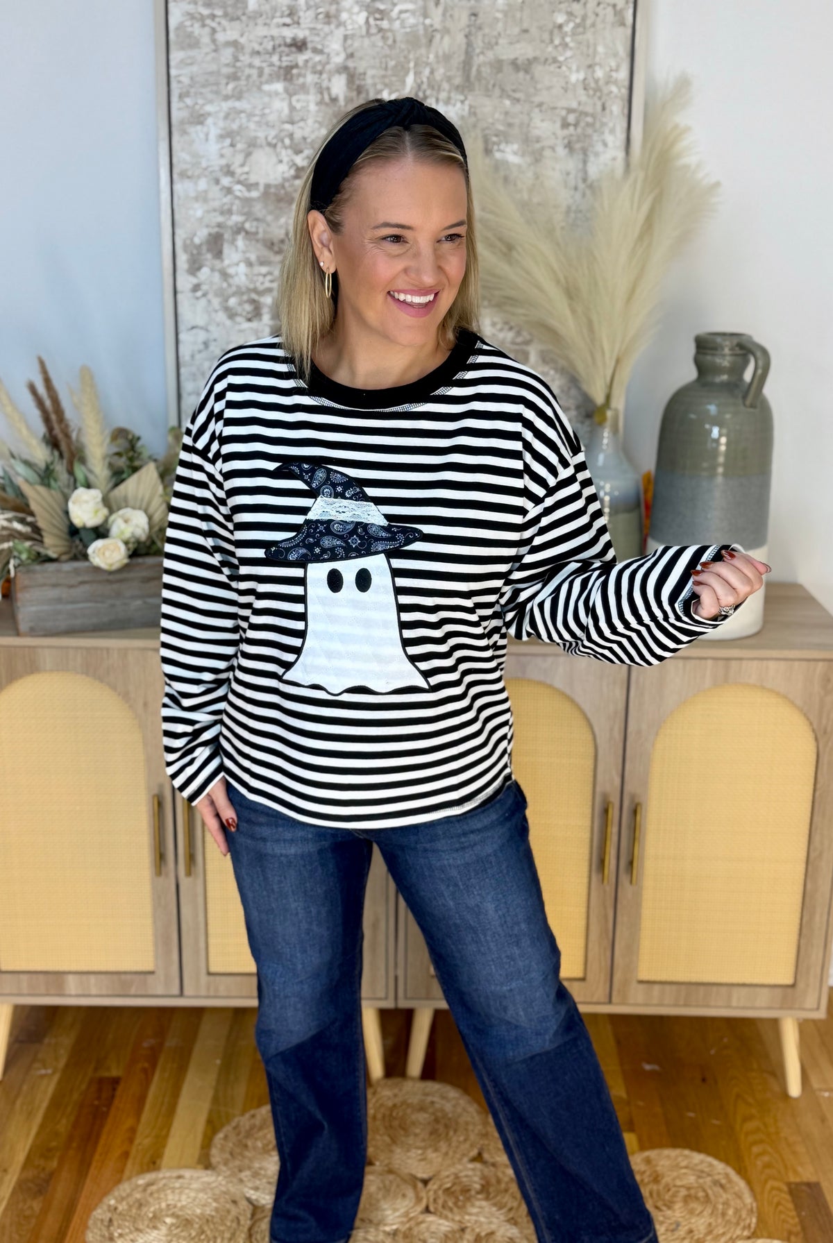 Halloween Ghost Striped Top-110 Long Sleeve Top-Main Strip-The Lovely Closet, Women's Fashion Boutique in Alexandria, KY