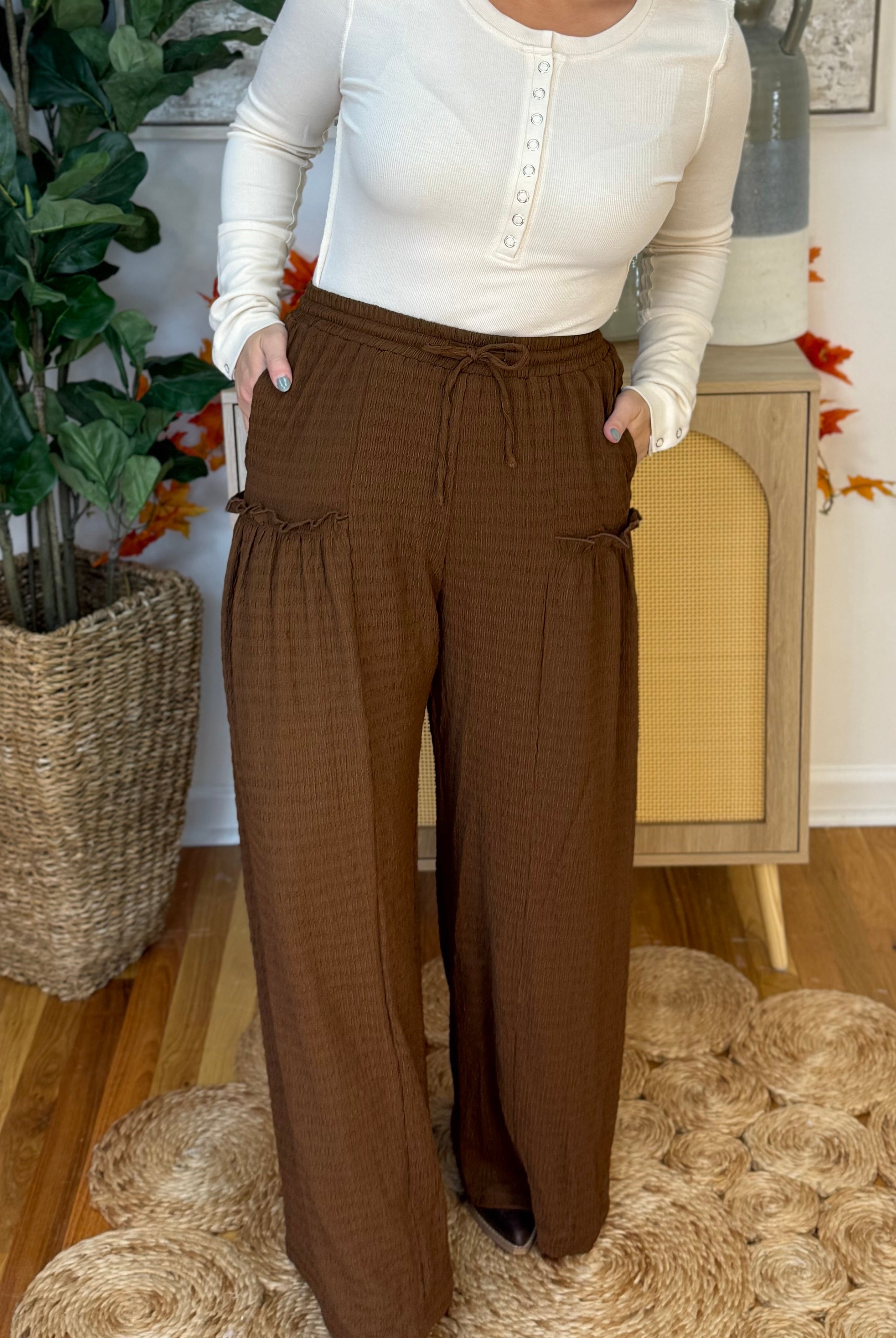Crinkle Textured Flair Pants-240 Pants-Anniewear-The Lovely Closet, Women's Fashion Boutique in Alexandria, KY
