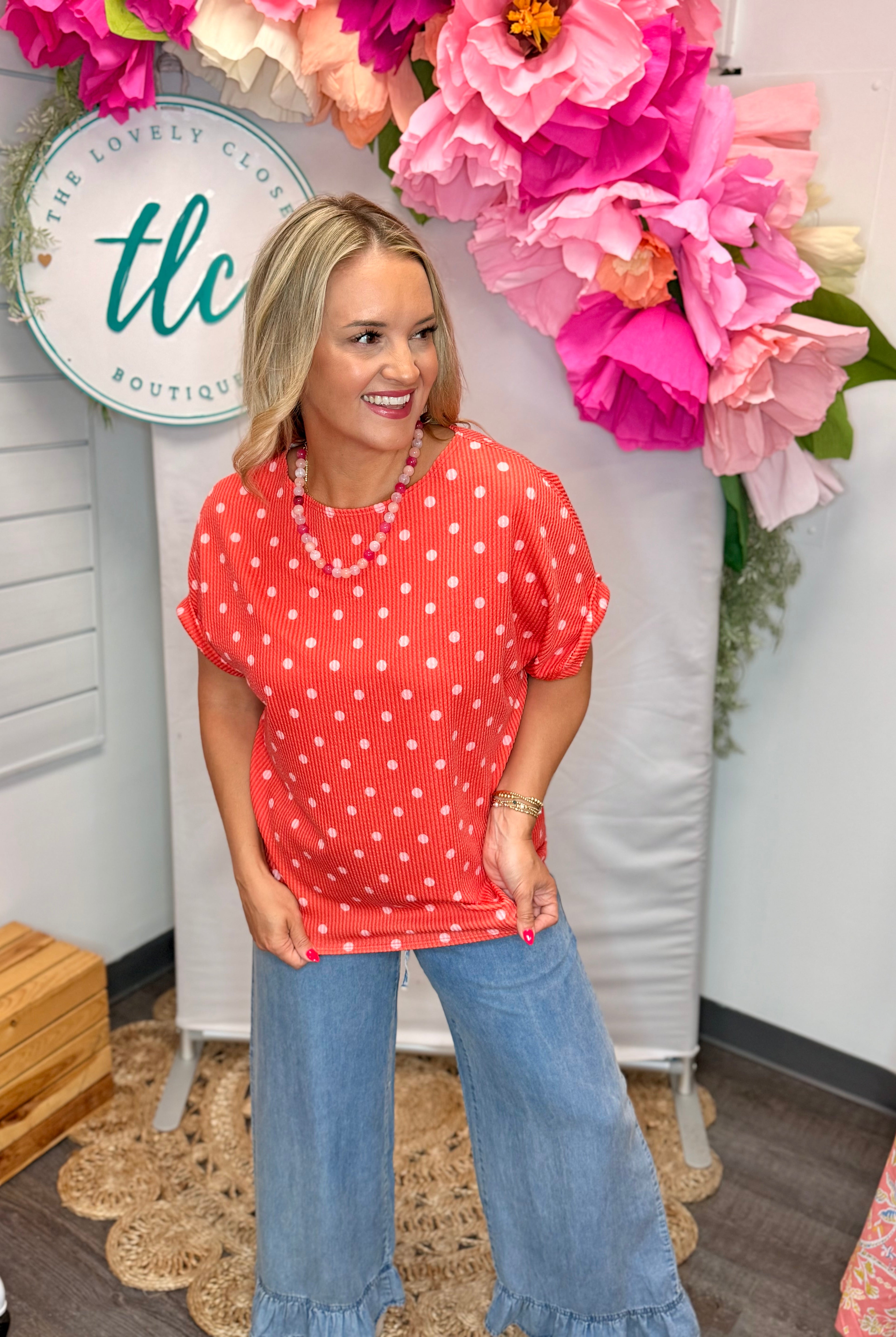 Color Pop Polka Dot Top - Dark Coral-100 Short Sleeve Tops-Carole Christian-The Lovely Closet, Women's Fashion Boutique in Alexandria, KY