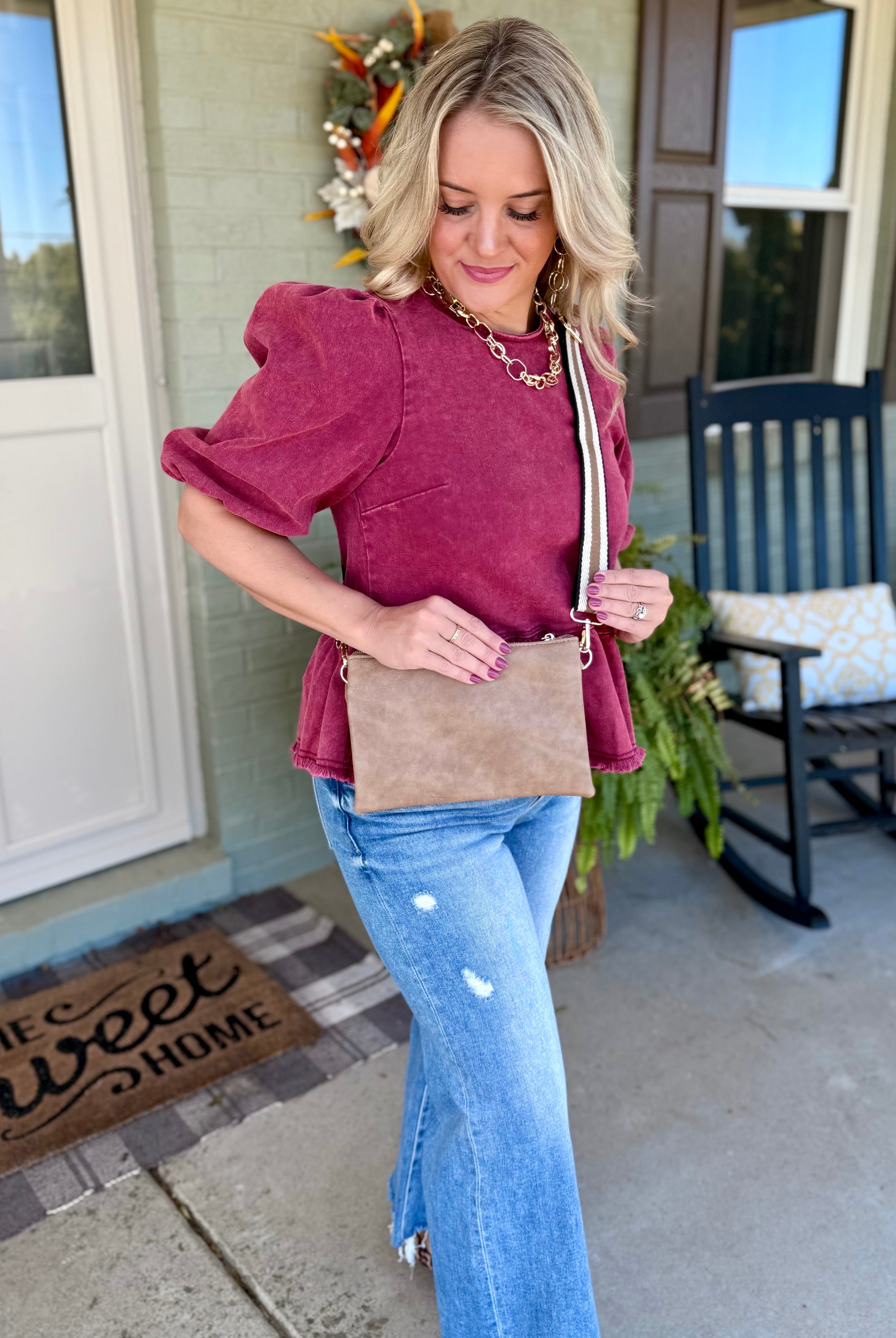 Cider & Cinnamon Washed Denim Top - Garnet-100 Short Sleeve Tops-Anniewear-The Lovely Closet, Women's Fashion Boutique in Alexandria, KY