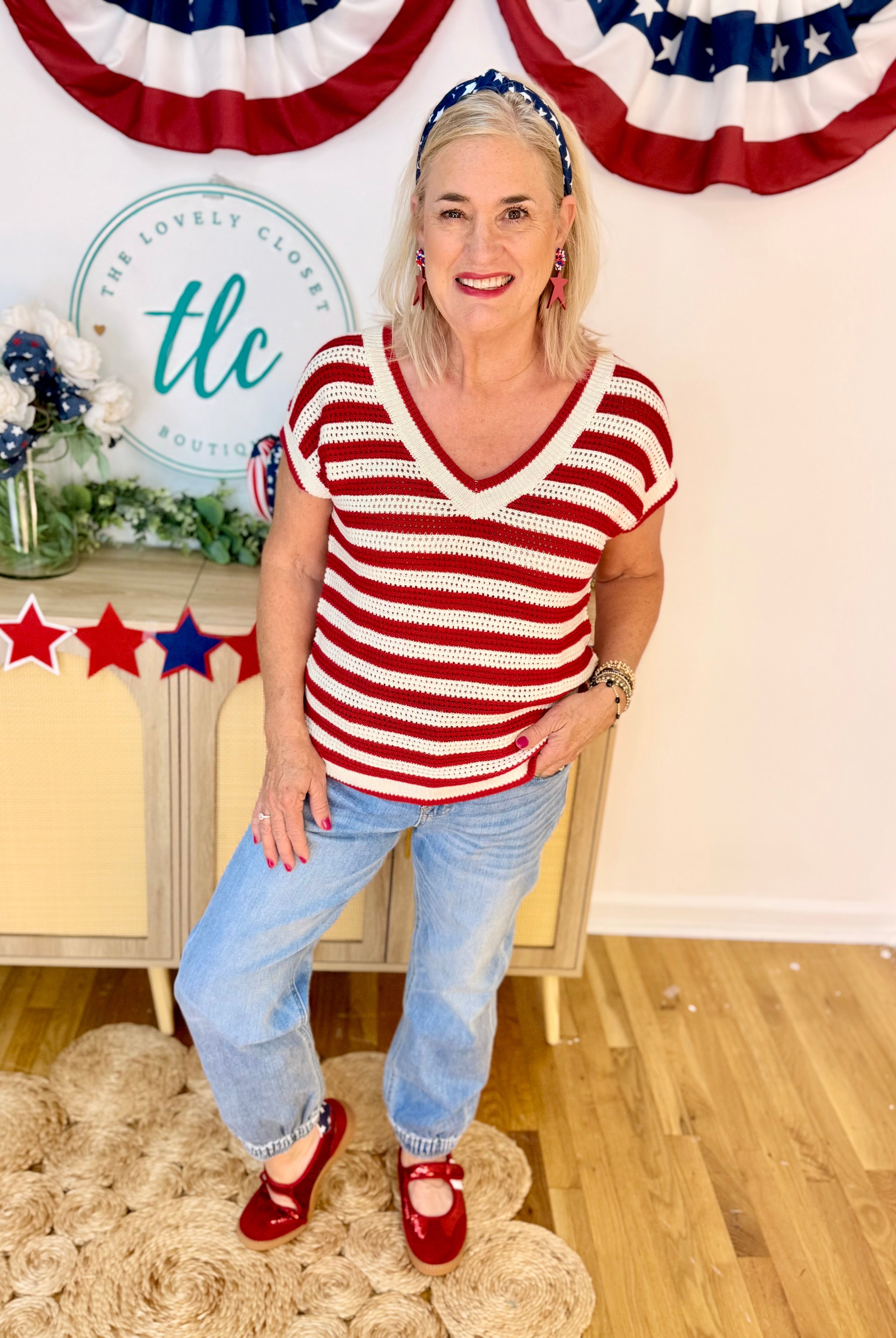 Red and White Knit Sweater Top-100 Short Sleeve Tops-Blu Pepper-The Lovely Closet, Women's Fashion Boutique in Alexandria, KY