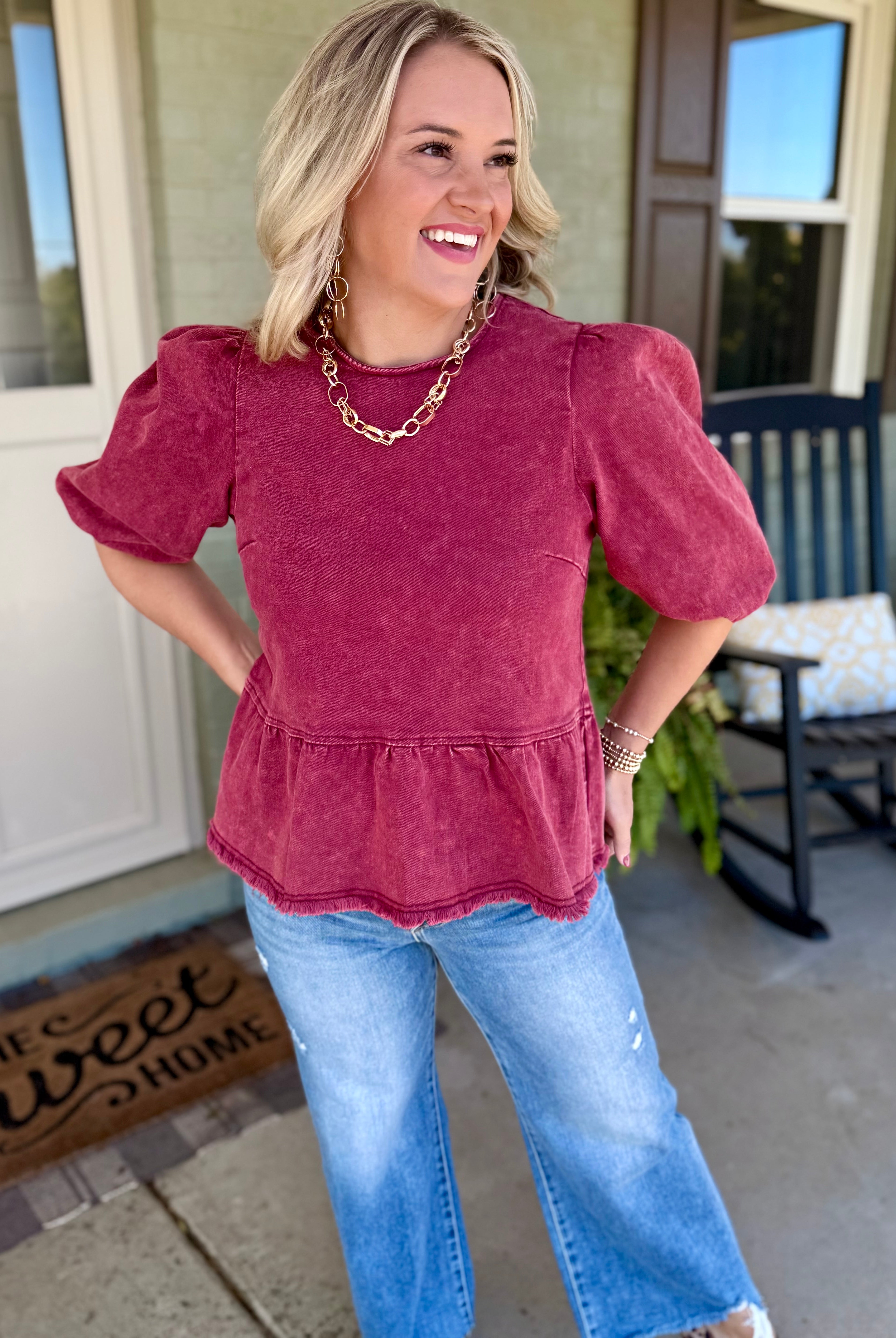 Cider & Cinnamon Washed Denim Top - Garnet-100 Short Sleeve Tops-Anniewear-The Lovely Closet, Women's Fashion Boutique in Alexandria, KY