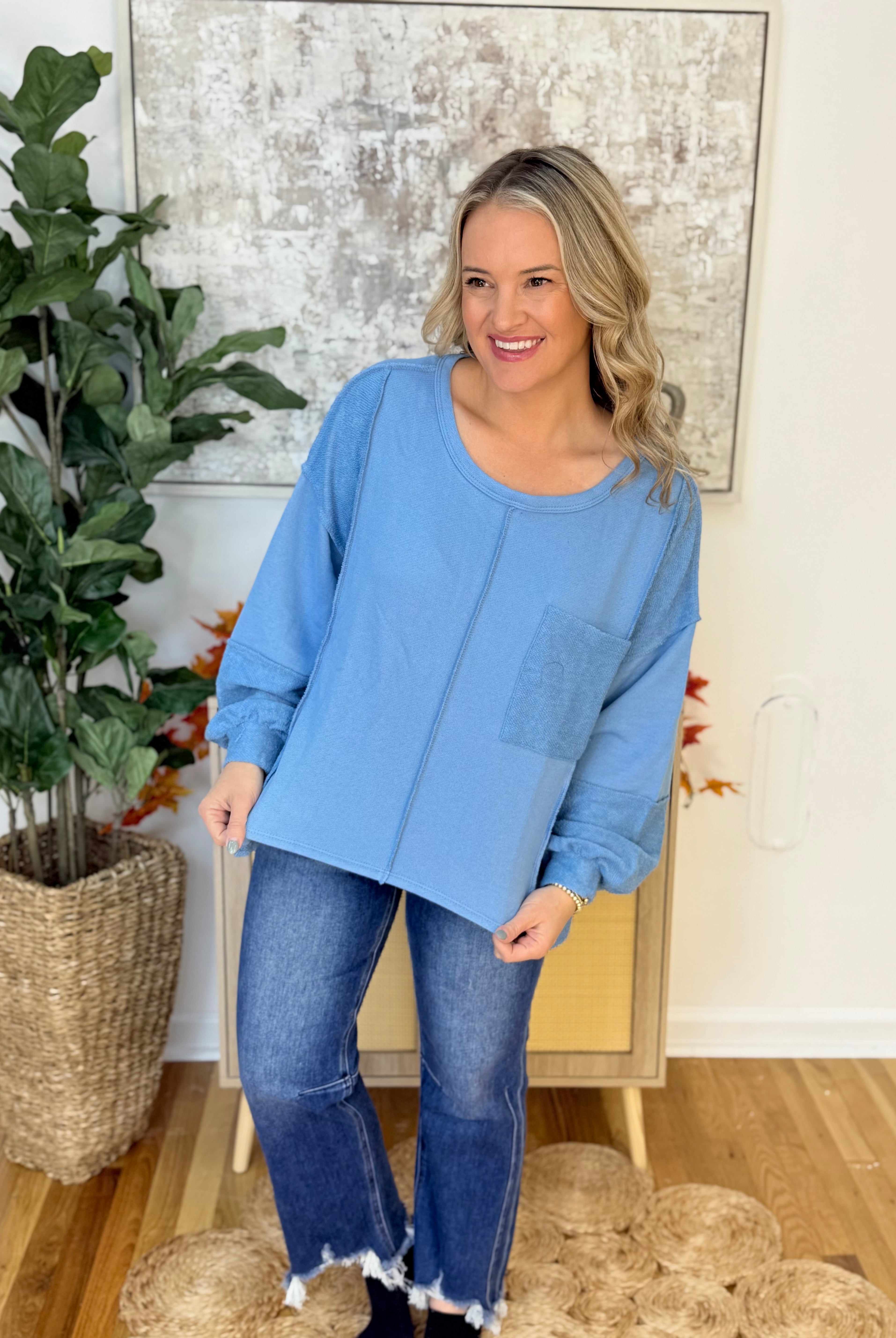 Cotton French Terry Detail Top- Blue-110 Long Sleeve Top-bibi-The Lovely Closet, Women's Fashion Boutique in Alexandria, KY