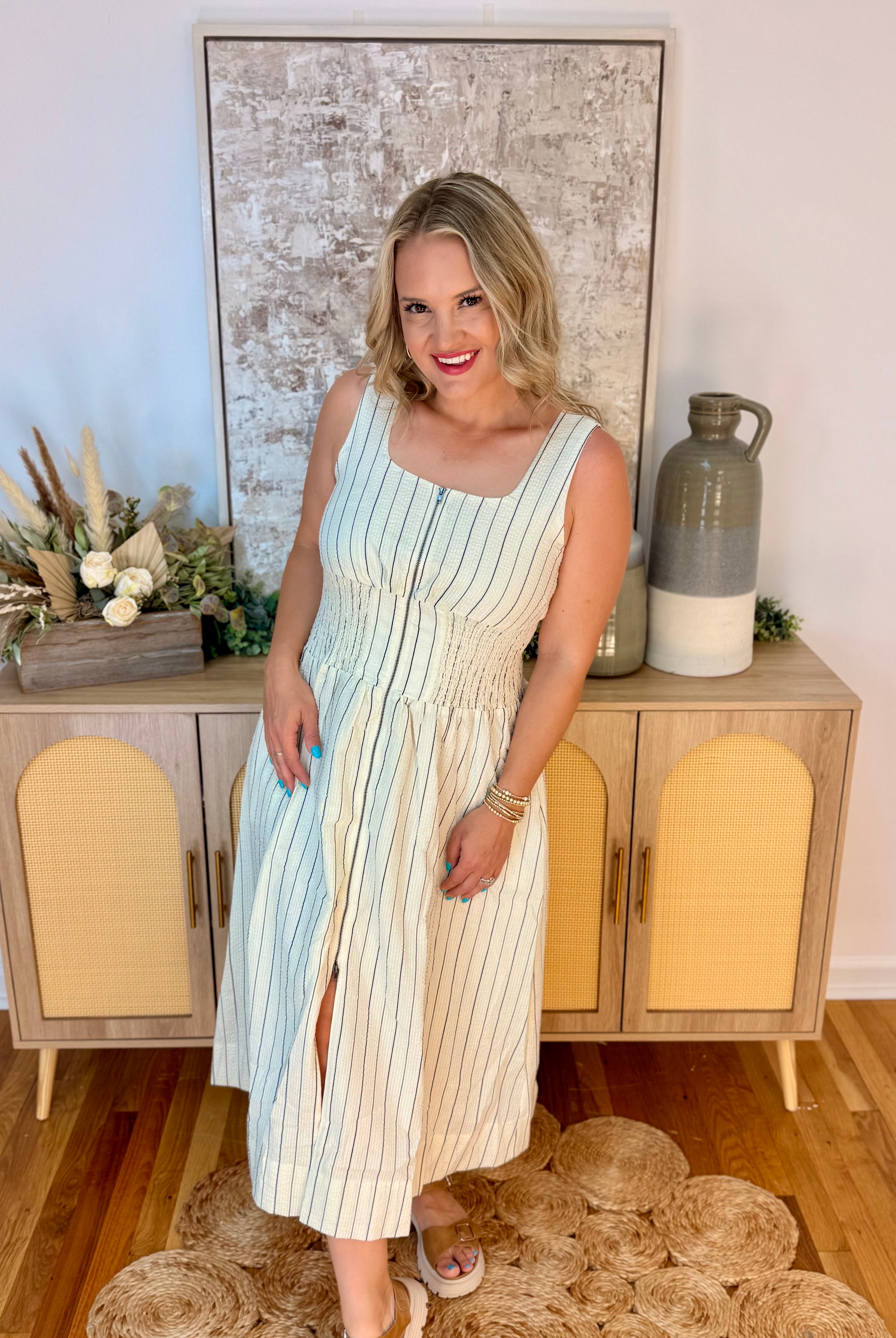 Neutral Zone Zip Front Midi Dress-180 Dresses-Doe and Rae-The Lovely Closet, Women's Fashion Boutique in Alexandria, KY