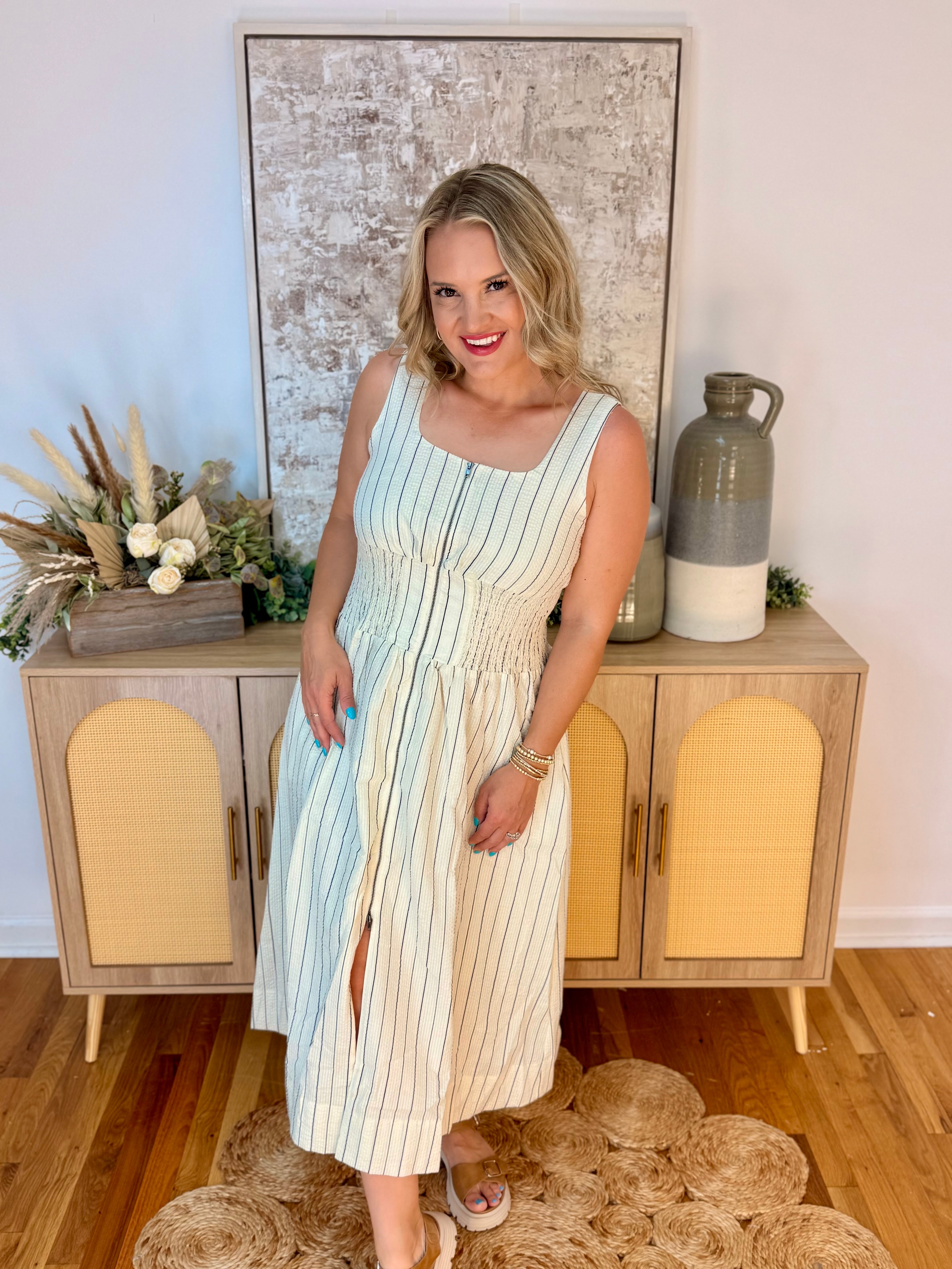 Neutral Zone Zip Front Midi Dress-180 Dresses-Doe and Rae-The Lovely Closet, Women's Fashion Boutique in Alexandria, KY