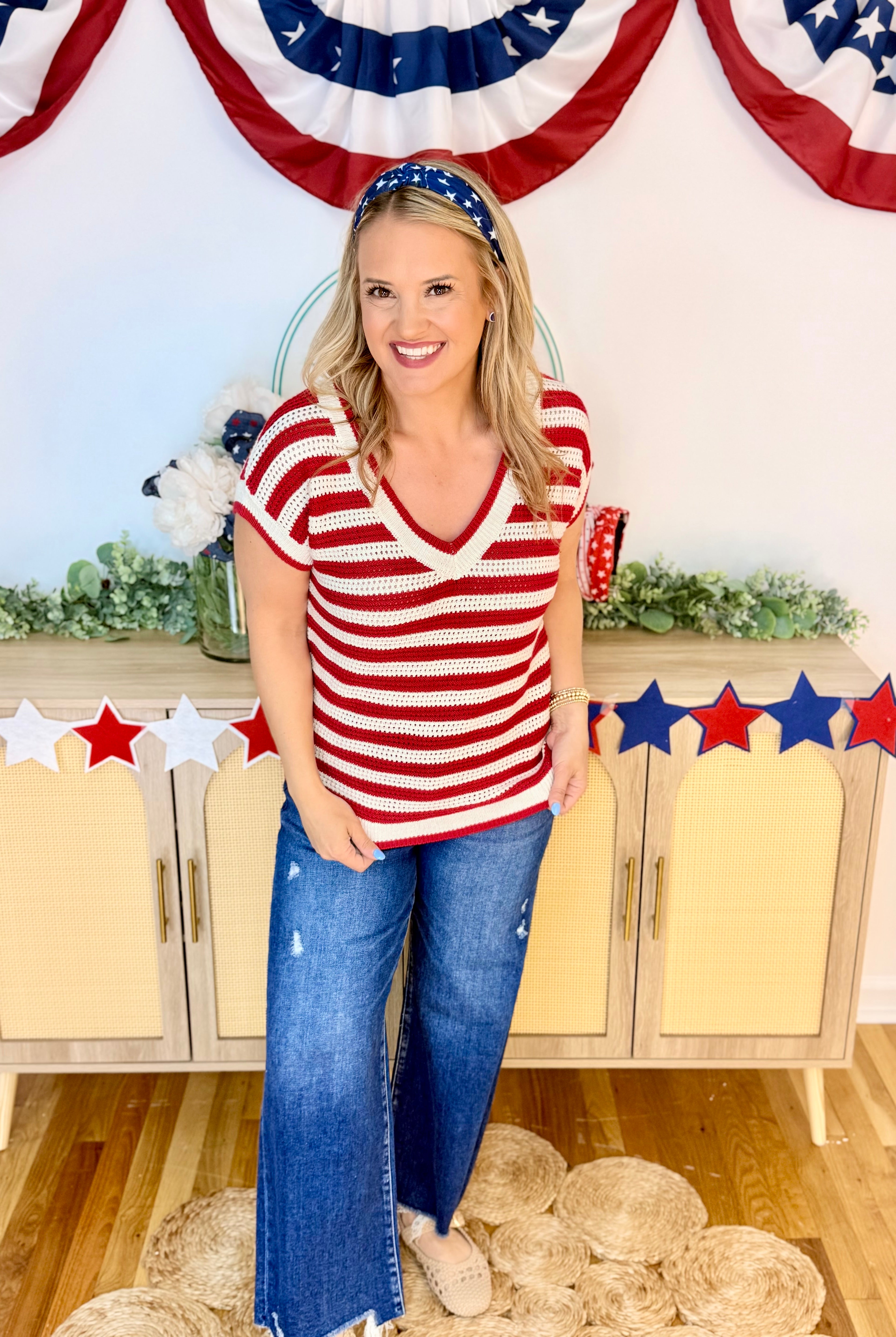 Red and White Knit Sweater Top-100 Short Sleeve Tops-Blu Pepper-The Lovely Closet, Women's Fashion Boutique in Alexandria, KY