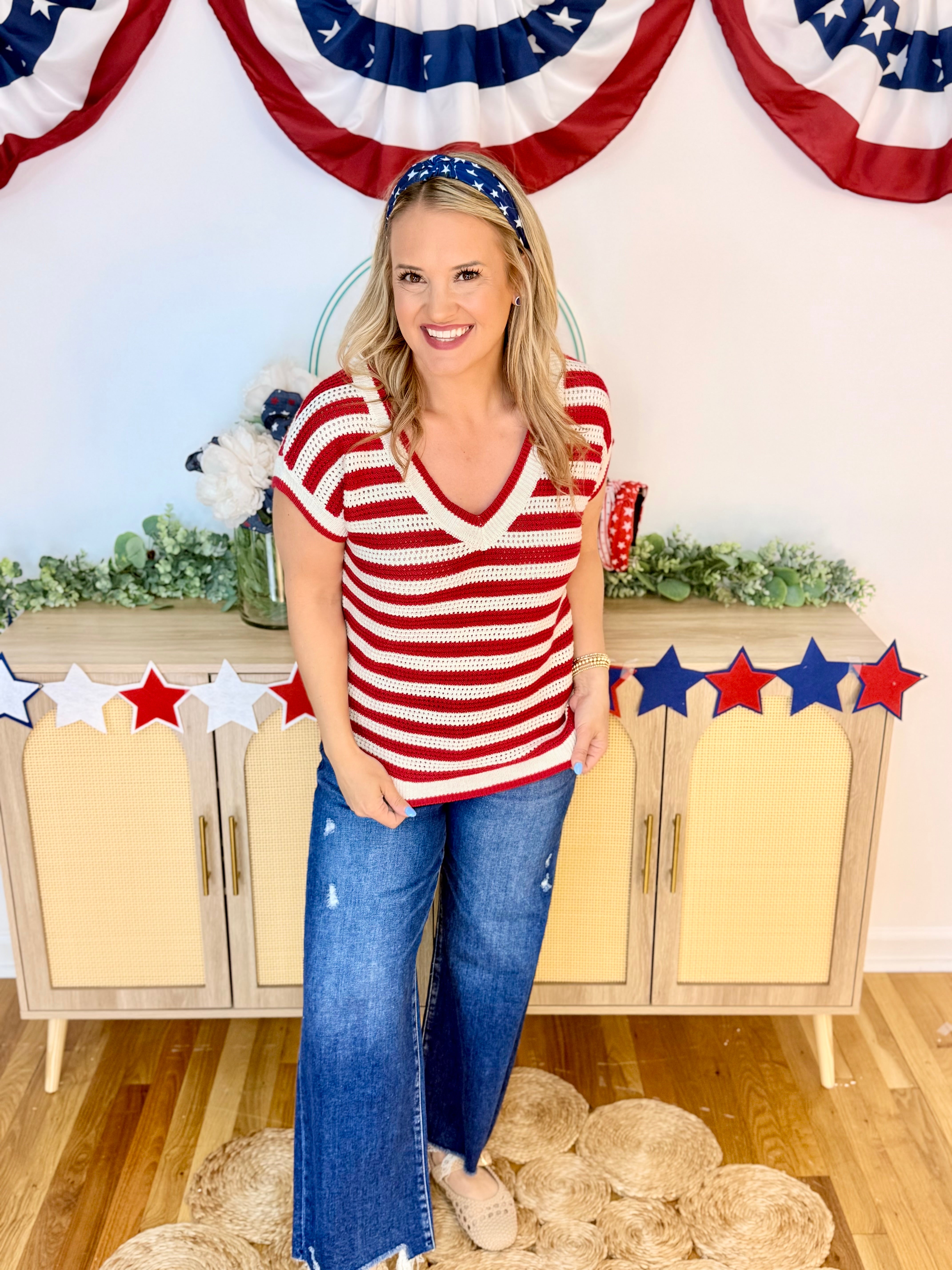 Red and White Knit Sweater Top-100 Short Sleeve Tops-Blu Pepper-The Lovely Closet, Women's Fashion Boutique in Alexandria, KY