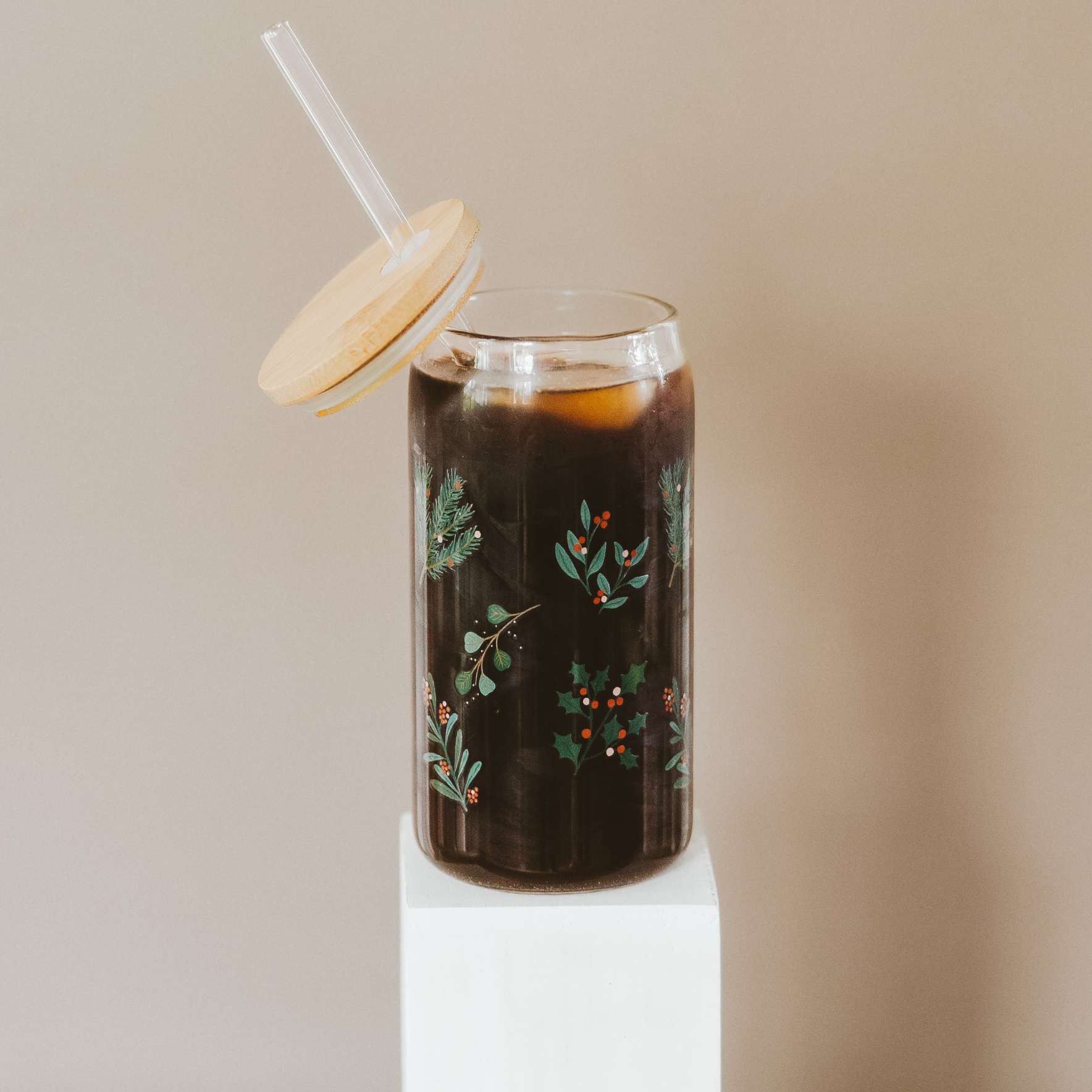 Holiday Greenery Glass Can w/ Straw & Lid-310 Gift-Sweet Water Decor-The Lovely Closet, Women's Fashion Boutique in Alexandria, KY