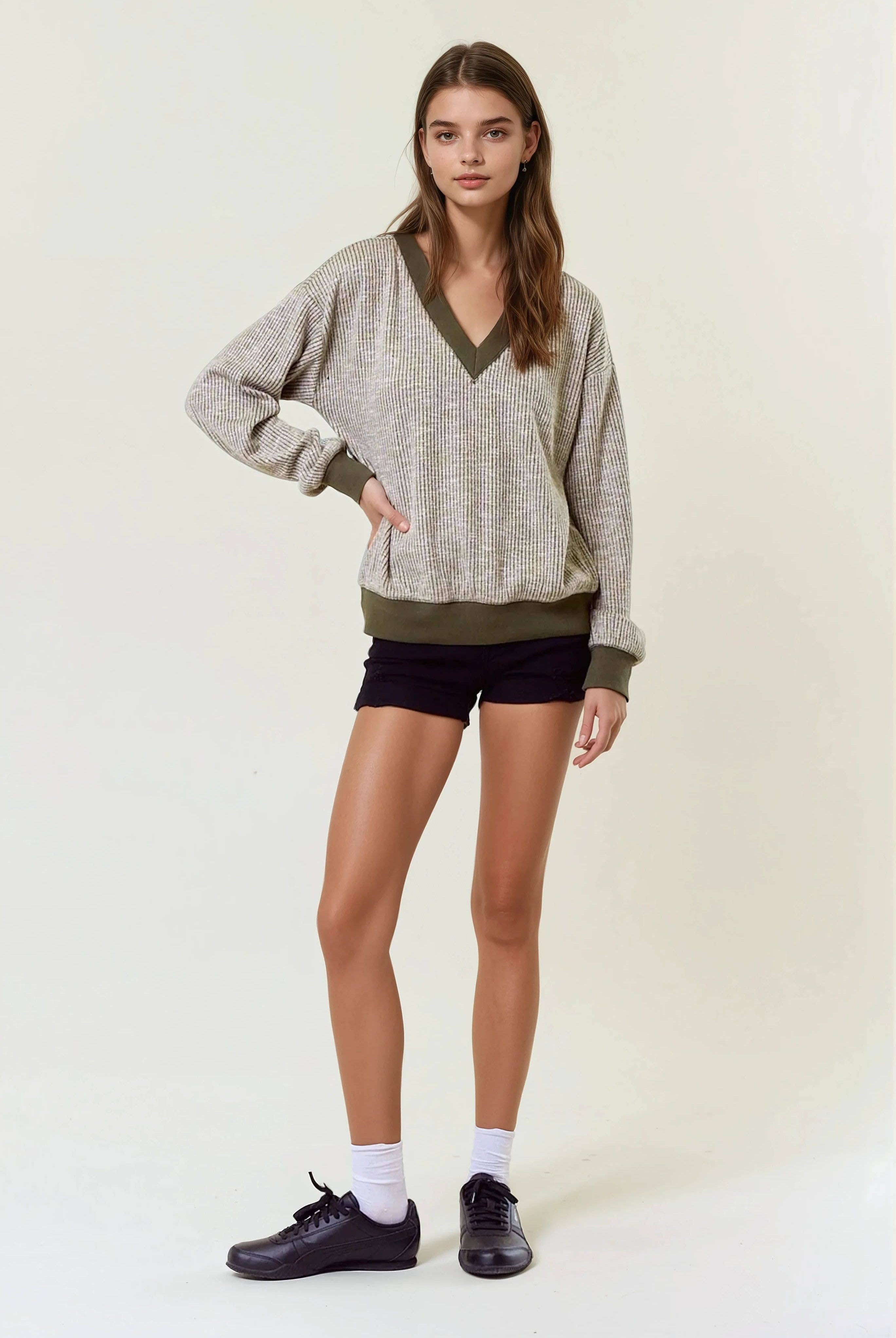 FINAL SALE Oversized Vertical Stripe Two-Tone Ribbed Top - Olive-110 Long Sleeve Top-Doe and Rae-The Lovely Closet, Women's Fashion Boutique in Alexandria, KY