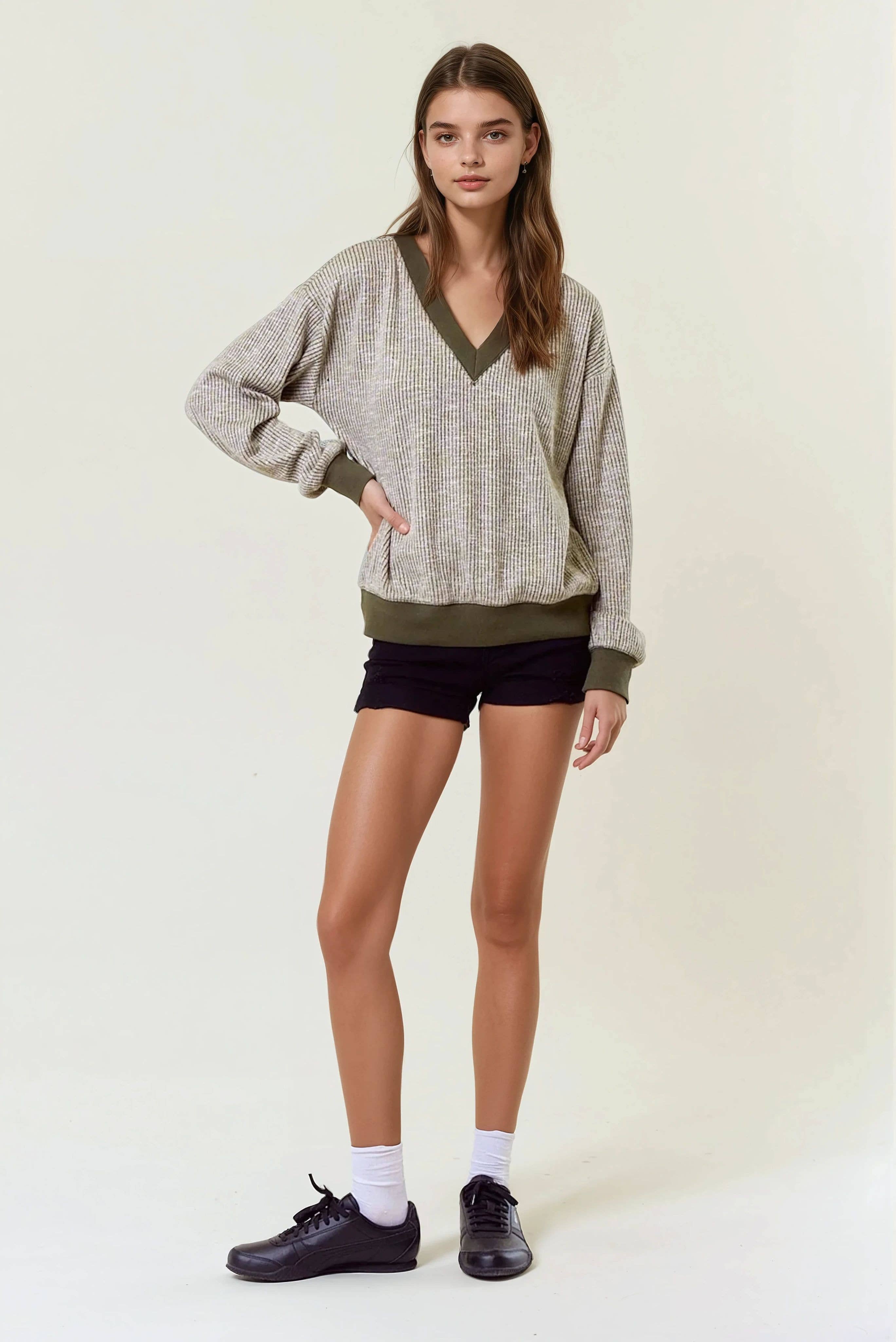 FINAL SALE Oversized Vertical Stripe Two-Tone Ribbed Top - Olive-110 Long Sleeve Top-Doe and Rae-The Lovely Closet, Women's Fashion Boutique in Alexandria, KY