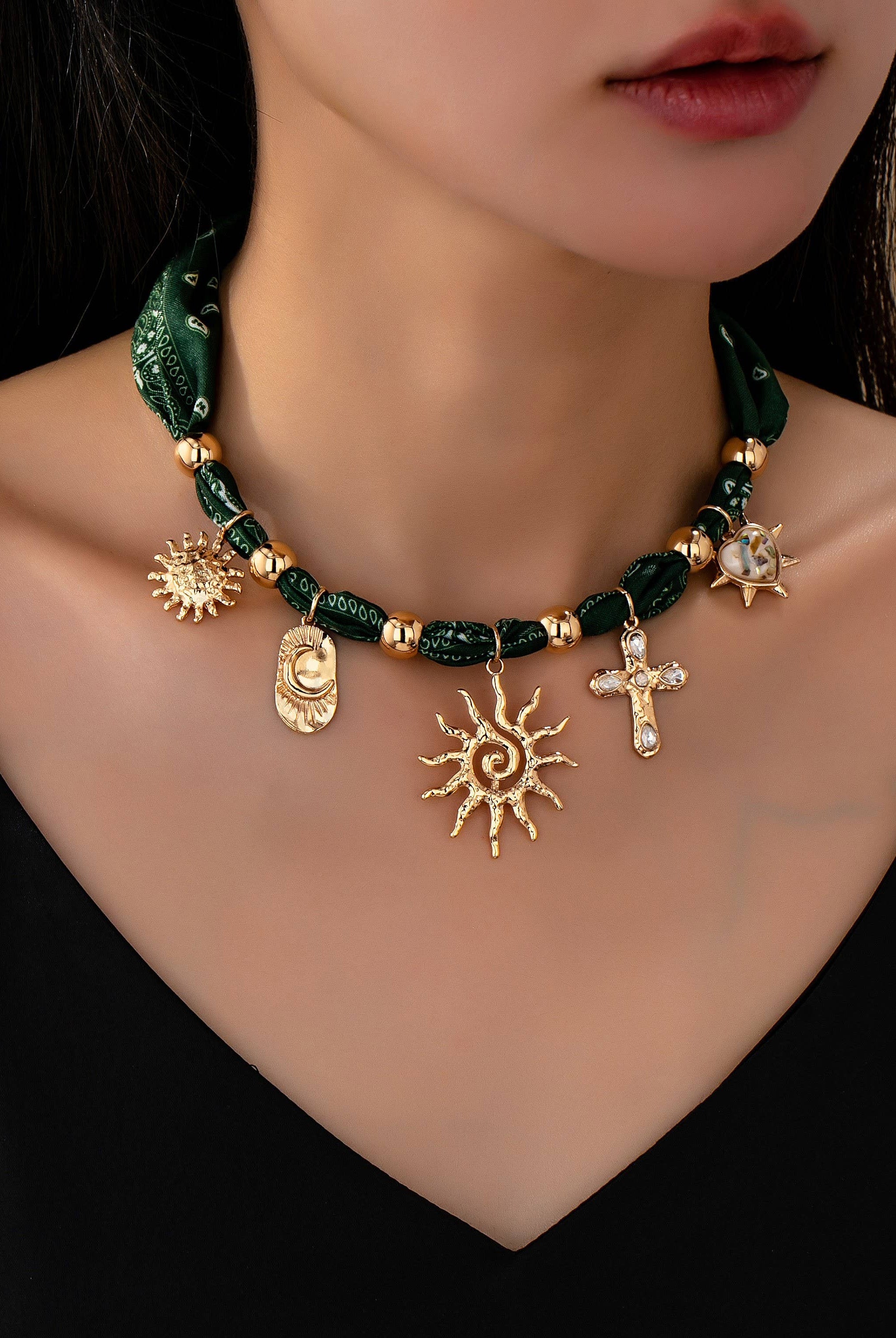 Sunburst Handmade Scarf Necklace - Green-280 Accessories-JOSSLYN by wall to wall-The Lovely Closet, Women's Fashion Boutique in Alexandria, KY