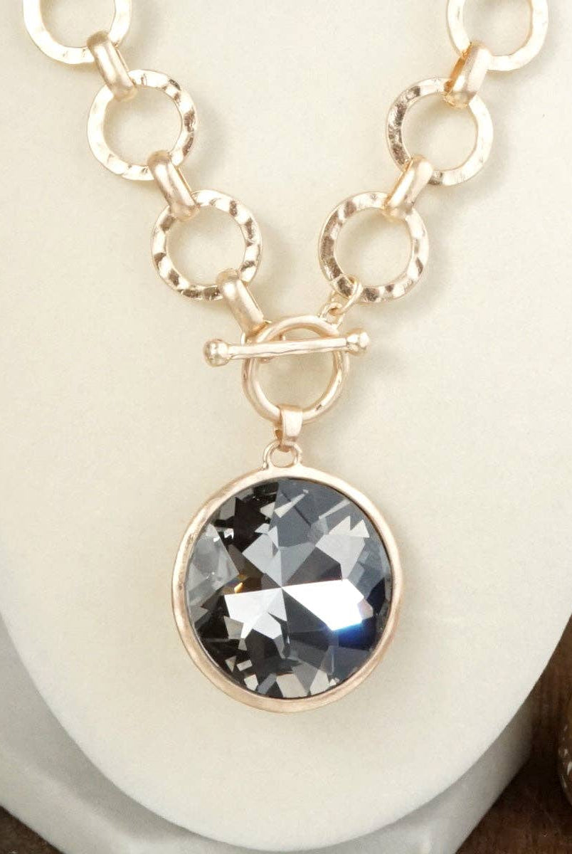 Gilded Radiance – Chunky Ring Chain Necklace with Sparkly Crystal: Gray-250 Jewelry-PennyLine inc-The Lovely Closet, Women's Fashion Boutique in Alexandria, KY