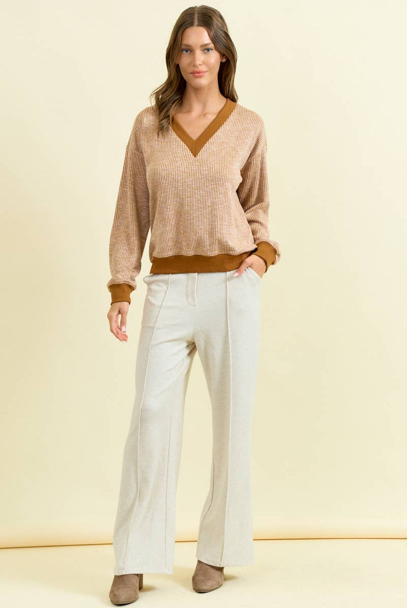 FINAL SALE Oversized Vertical Stripe Two-Tone Ribbed Top - Olive-110 Long Sleeve Top-Doe and Rae-The Lovely Closet, Women's Fashion Boutique in Alexandria, KY