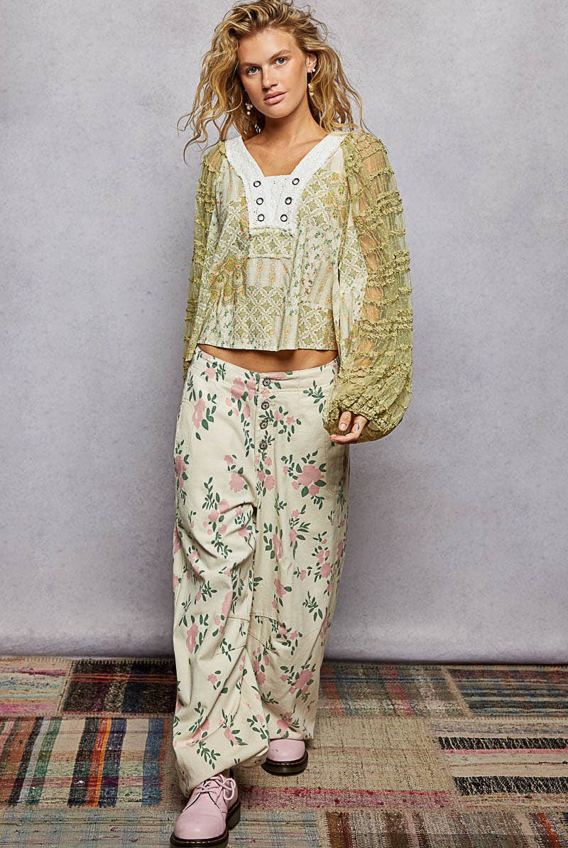 Long Sleeve Lace Contrast Printed Woven Top-110 Long Sleeve Top-Pol Clothing-The Lovely Closet, Women's Fashion Boutique in Alexandria, KY