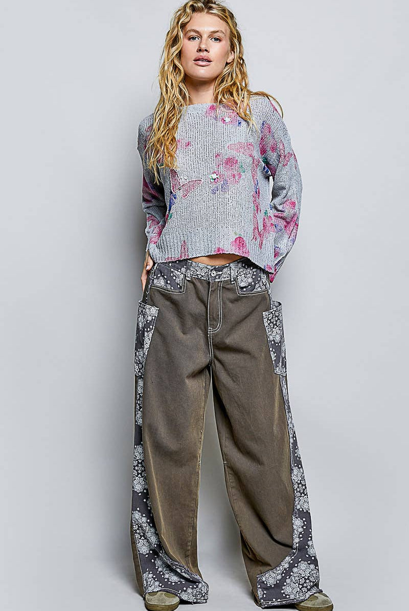 Butterfly Print Sequin Flower Knit Sweater-110 Long Sleeve Top-Pol Clothing-The Lovely Closet, Women's Fashion Boutique in Alexandria, KY