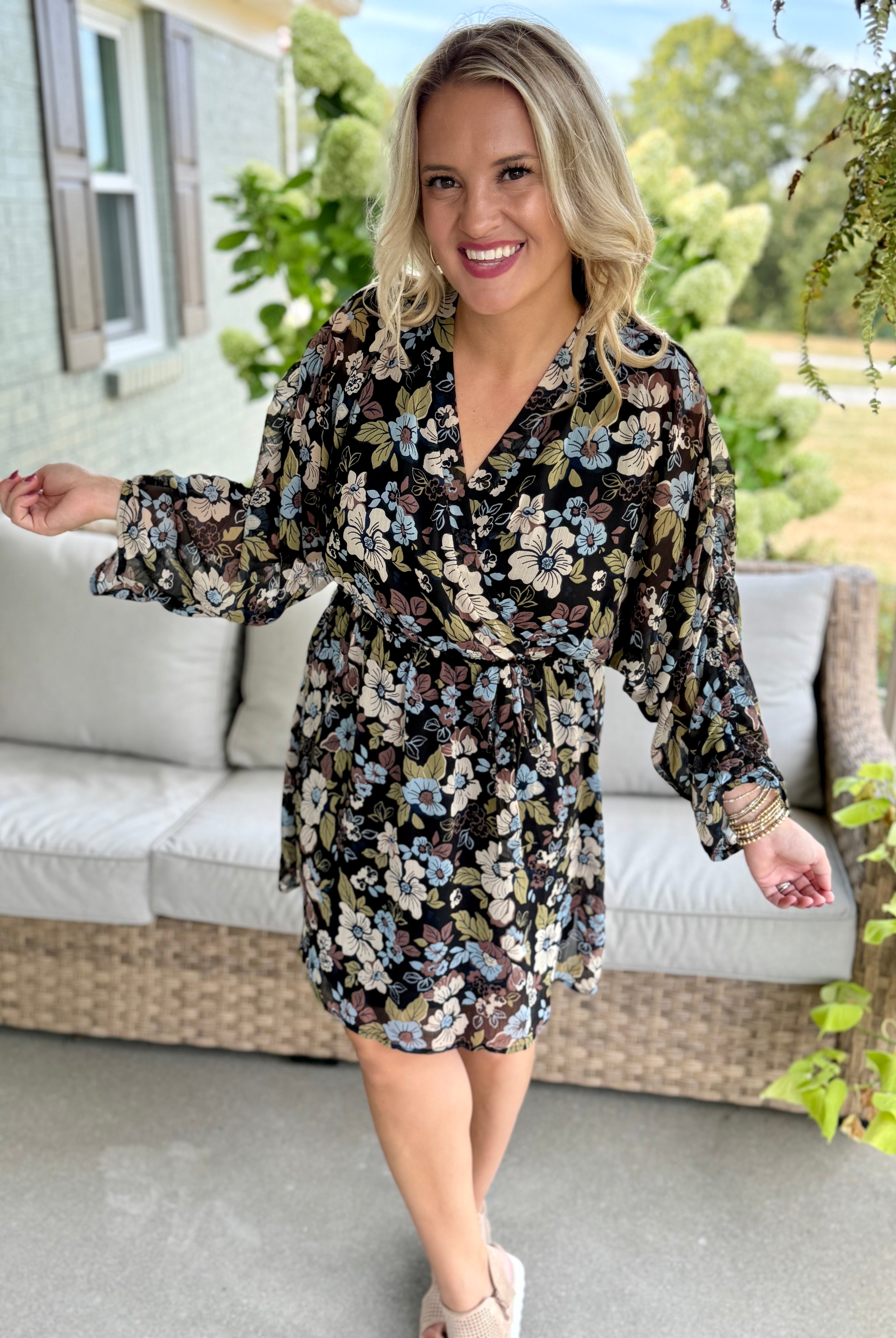 Meadow Flowers V-Neck Dress-180 Dresses-GILLI-The Lovely Closet, Women's Fashion Boutique in Alexandria, KY