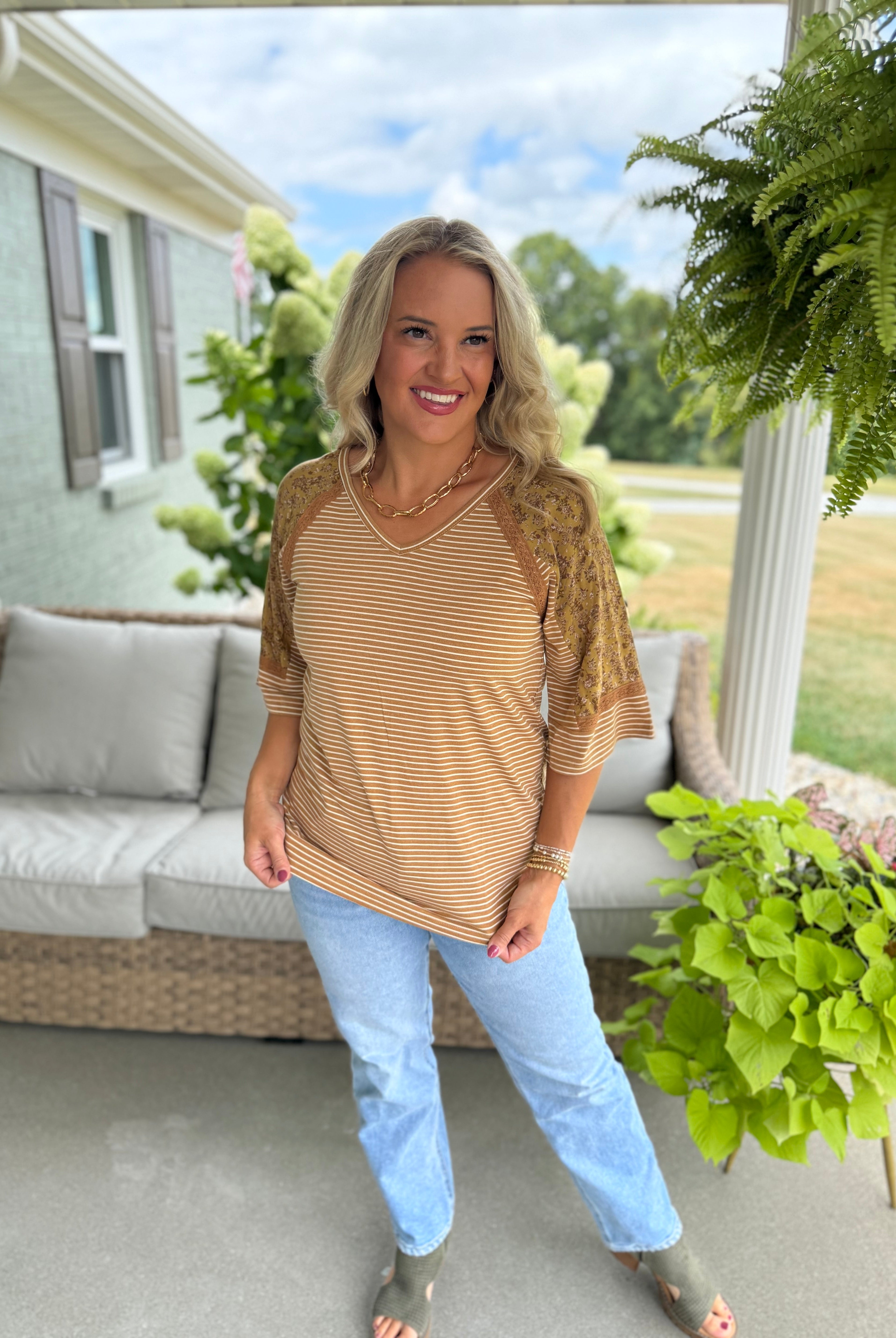 Floral Sleeve Stripe Top-100 Short Sleeve Tops-Doe and Rae-The Lovely Closet, Women's Fashion Boutique in Alexandria, KY