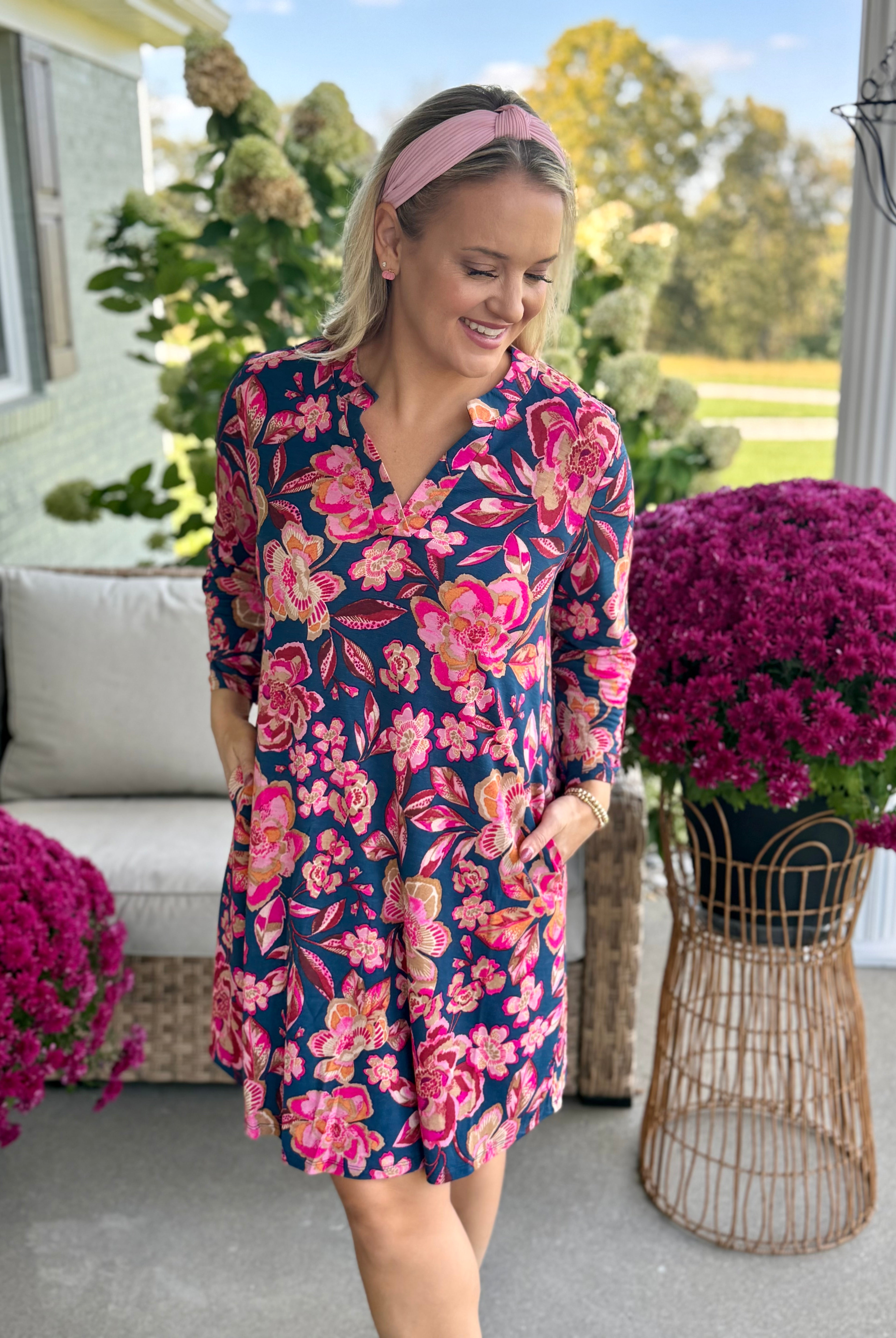 Everly Essential Dress - Pink & Teal Print-180 Dresses-Donation Pink-The Lovely Closet, Women's Fashion Boutique in Alexandria, KY