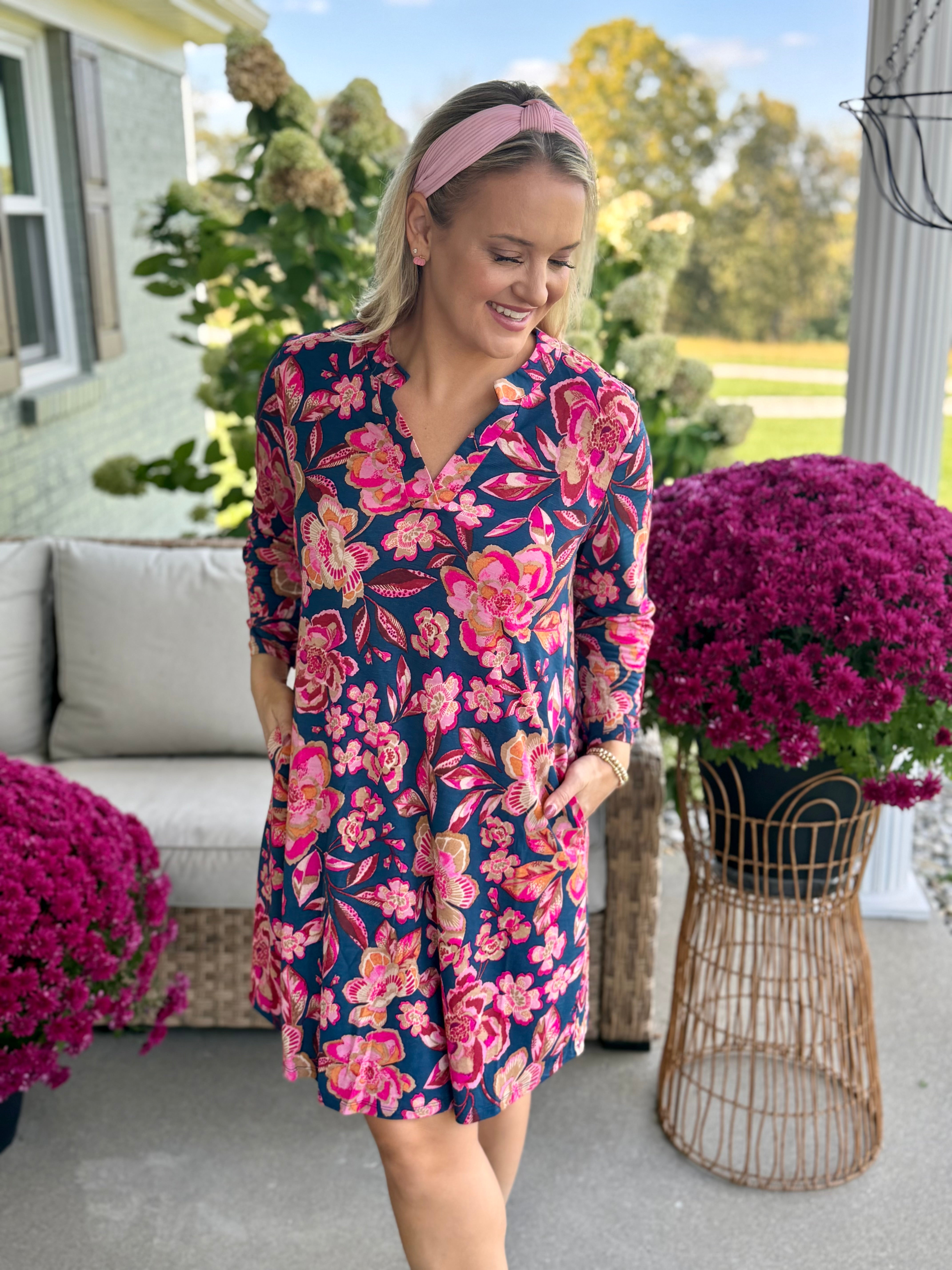 Everly Essential Dress - Pink & Teal Print-180 Dresses-Donation Pink-The Lovely Closet, Women's Fashion Boutique in Alexandria, KY