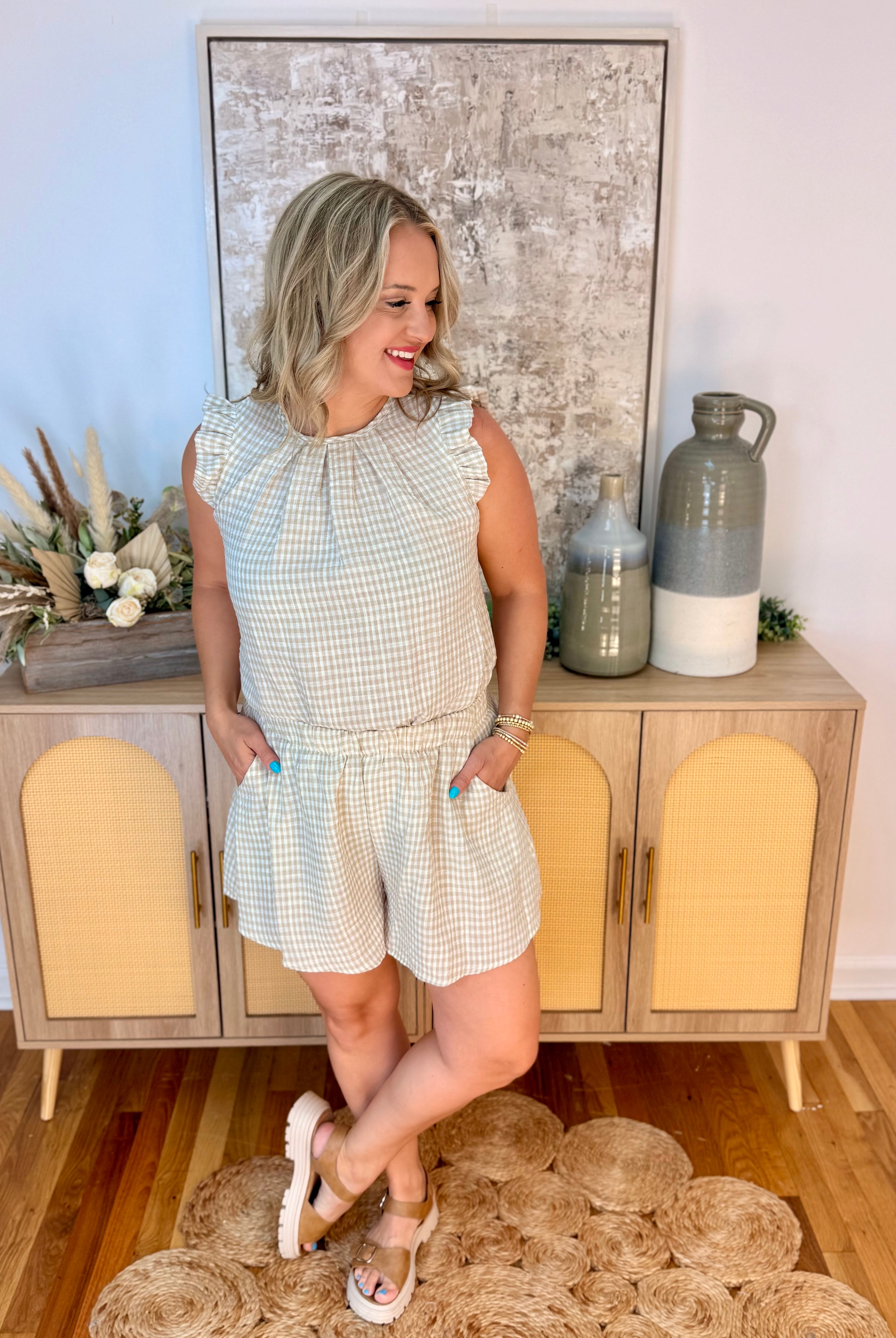 Neutral Gingham Set-190 Rompers/Jumpsuits/Sets-The Lovely Closet-The Lovely Closet, Women's Fashion Boutique in Alexandria, KY