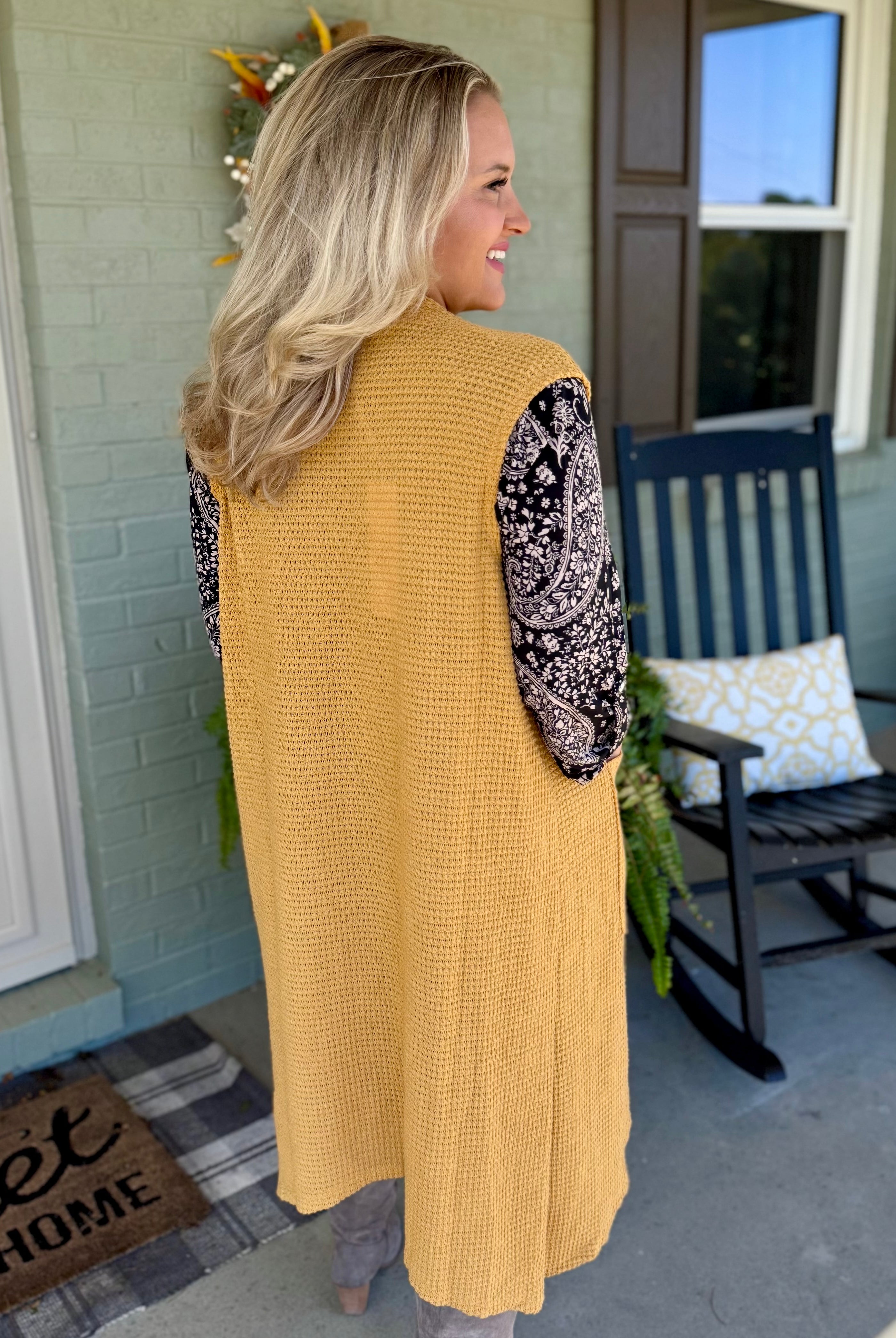 FINAL SALE - Chill in the Air Midi Vest - Marigold-160 Cardigan/Kimonos-Dear Scarlett-The Lovely Closet, Women's Fashion Boutique in Alexandria, KY