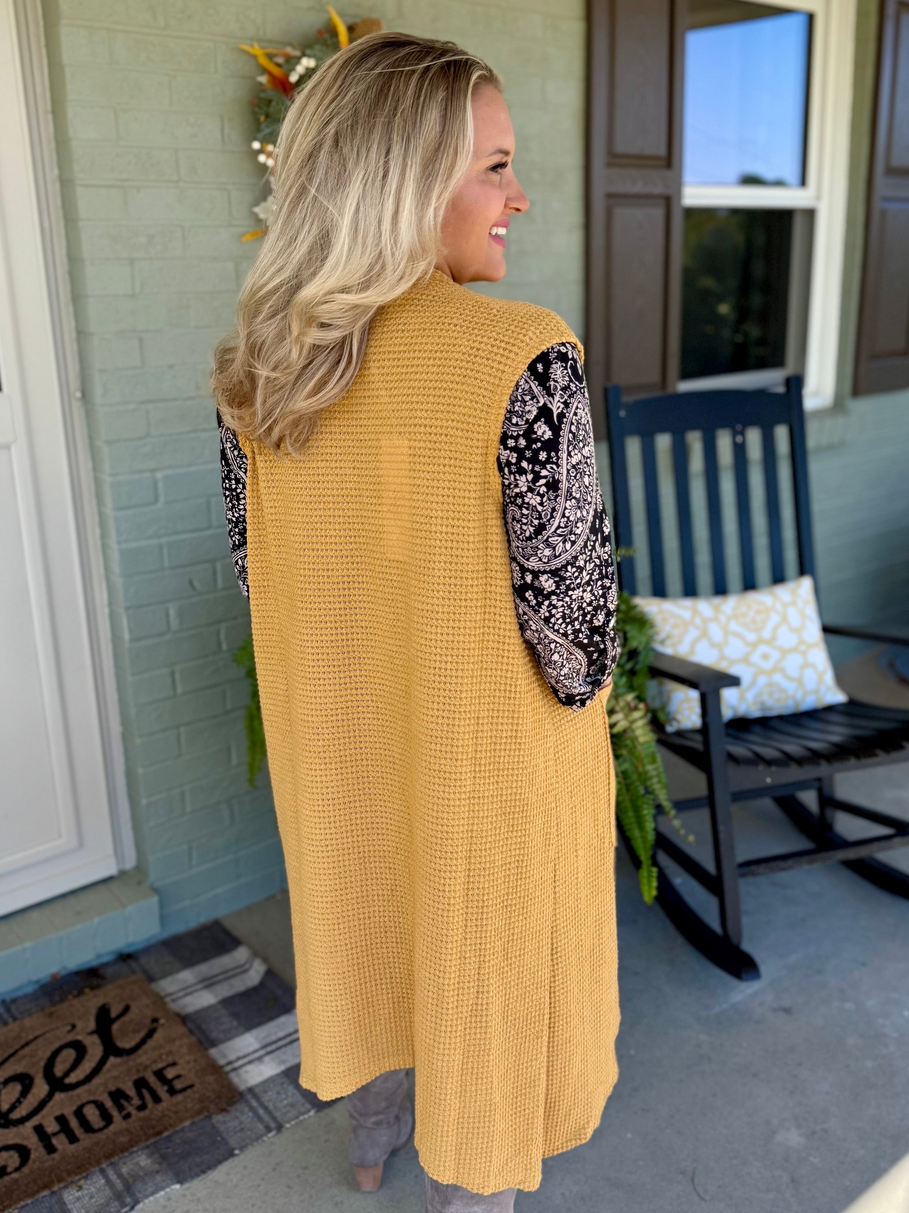 FINAL SALE - Chill in the Air Midi Vest - Marigold-160 Cardigan/Kimonos-Dear Scarlett-The Lovely Closet, Women's Fashion Boutique in Alexandria, KY