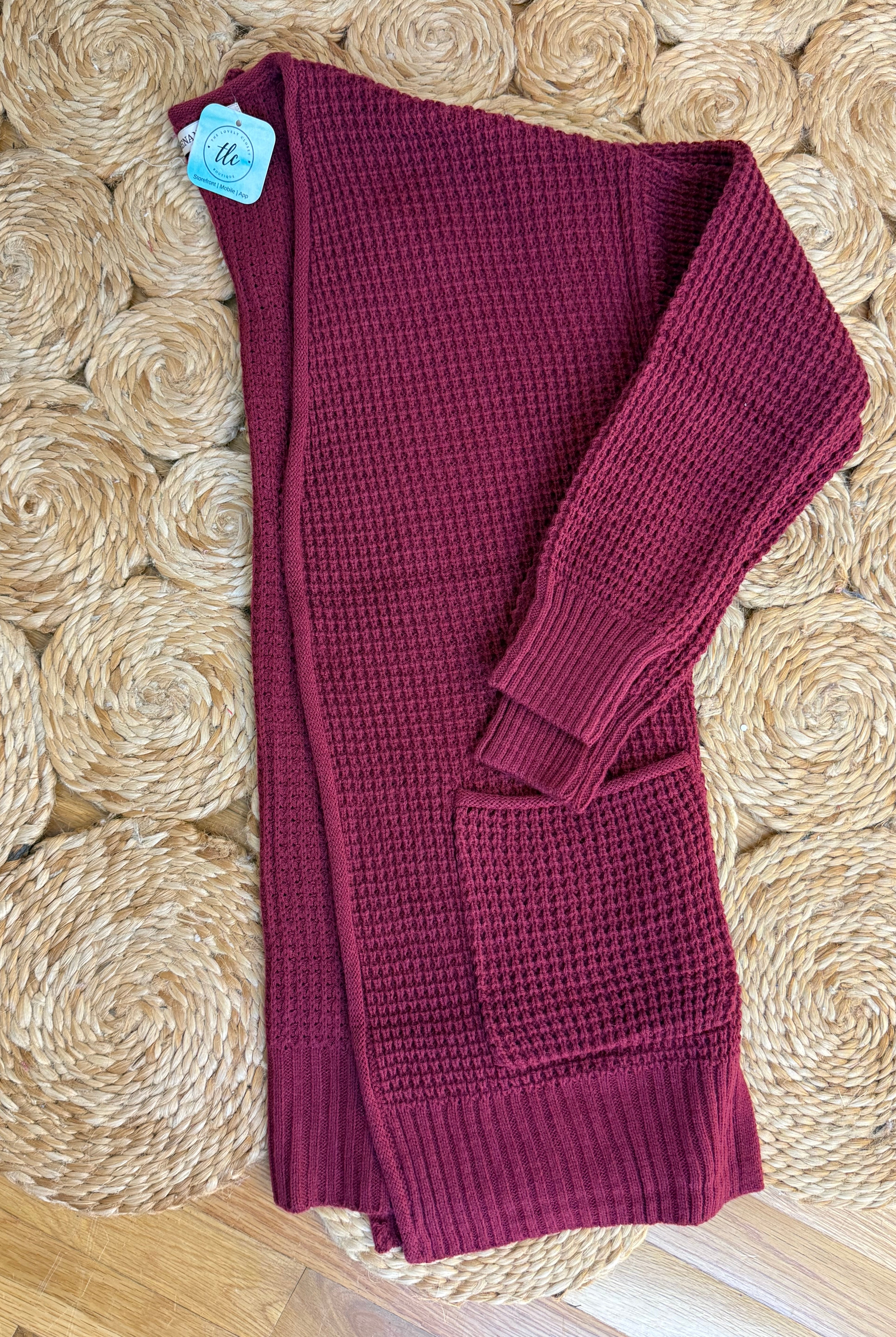 Waffle Knit Cardigan - Wine-160 Cardigan/Kimonos-zenana-The Lovely Closet, Women's Fashion Boutique in Alexandria, KY