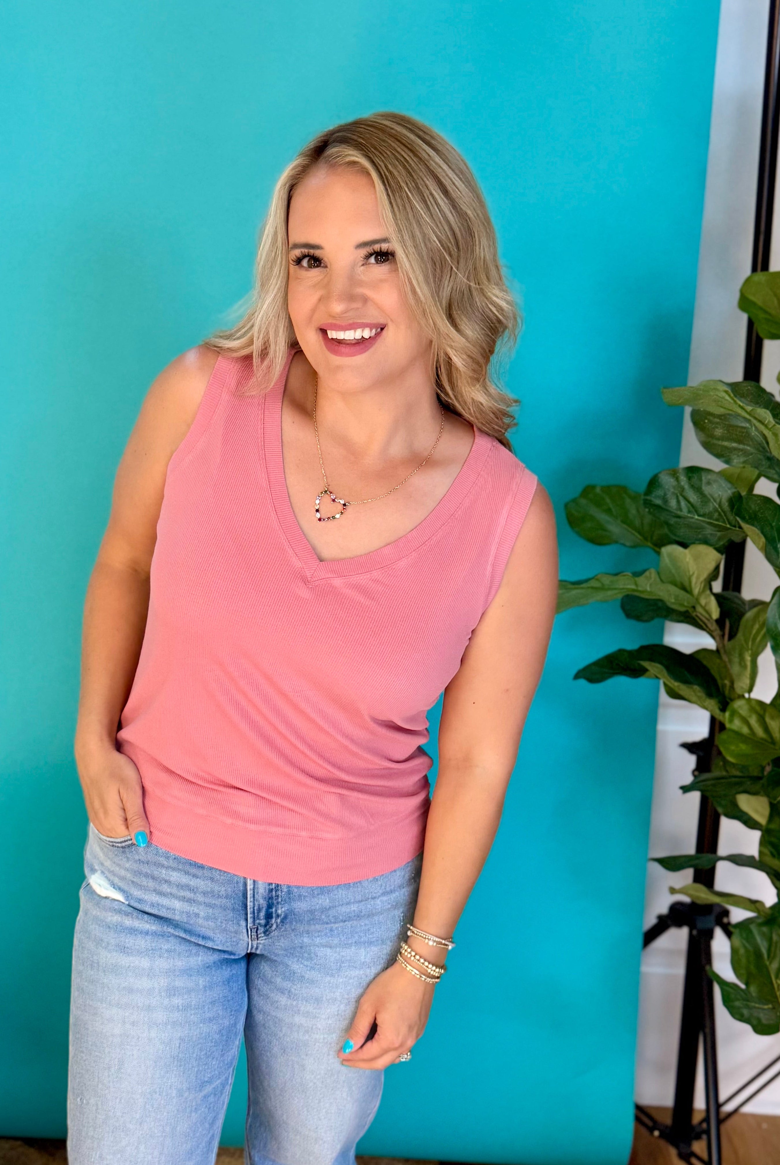 LuxeAir Ribbed Relaxed V-Neck Tank - Dusty Rose-120 Sleeveless Tops-Yelete-The Lovely Closet, Women's Fashion Boutique in Alexandria, KY