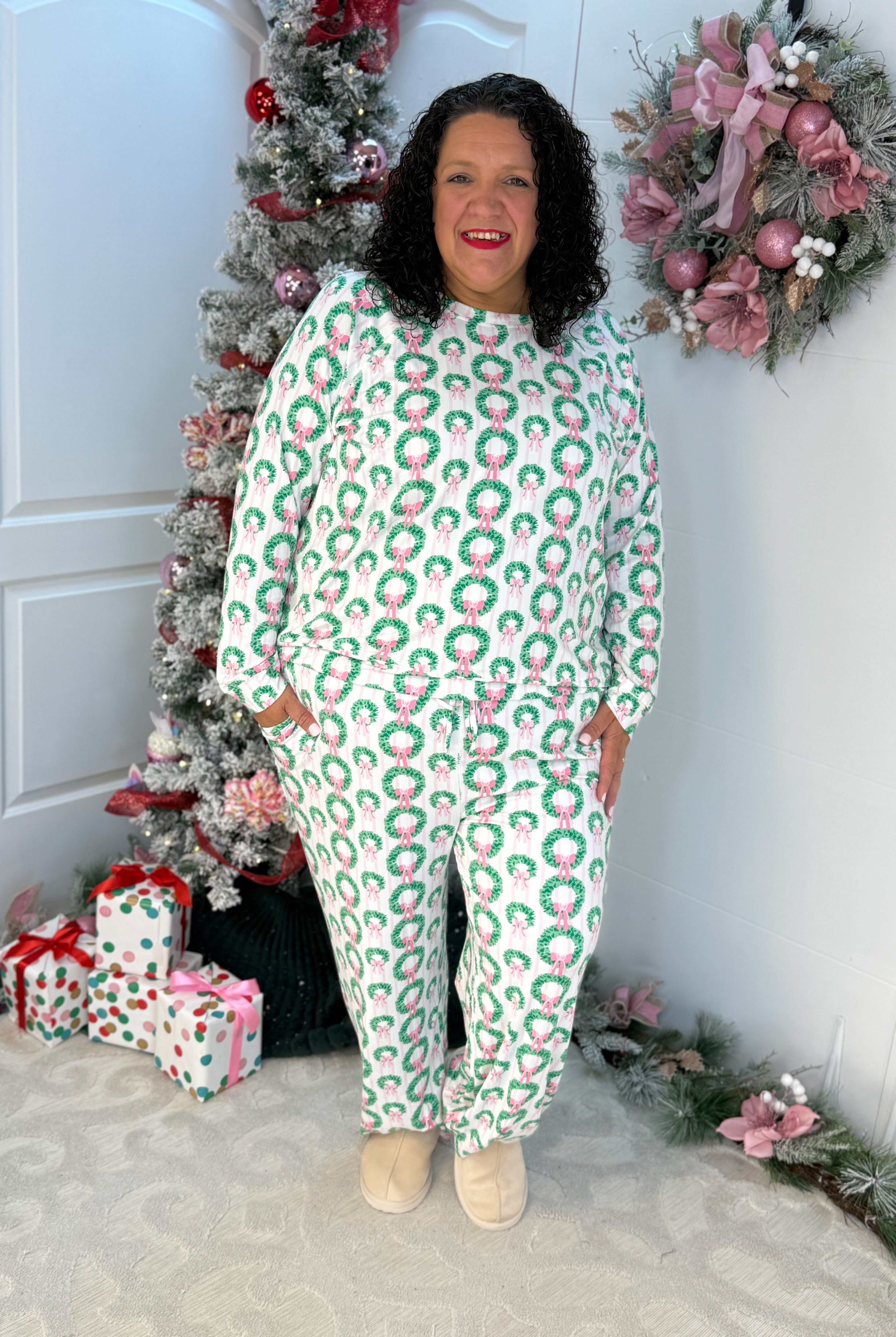 Mary Square Rosy Wreaths Annie Pant Set-350 Holiday-Mary Square-The Lovely Closet, Women's Fashion Boutique in Alexandria, KY