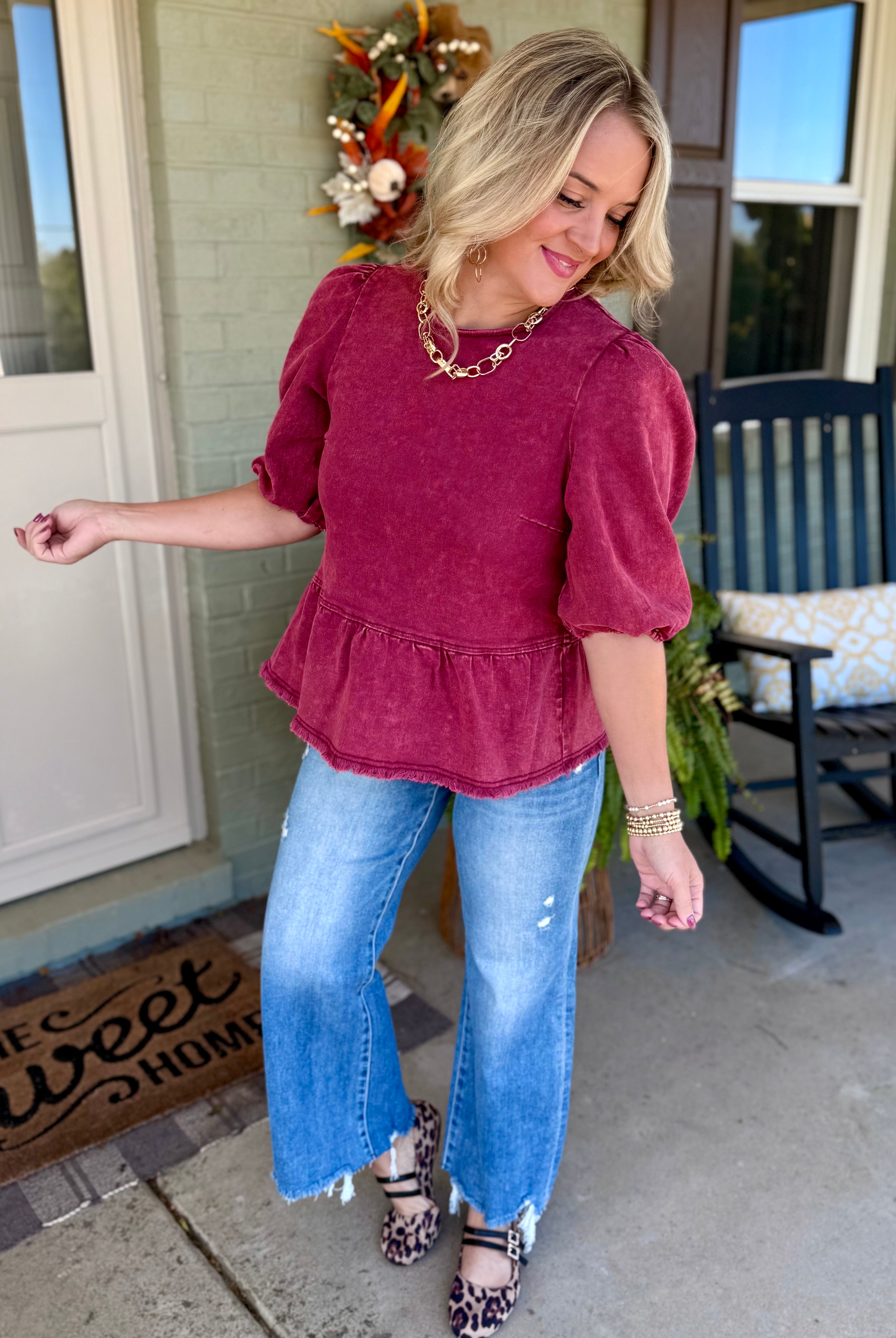 Cider & Cinnamon Washed Denim Top - Garnet-100 Short Sleeve Tops-Anniewear-The Lovely Closet, Women's Fashion Boutique in Alexandria, KY