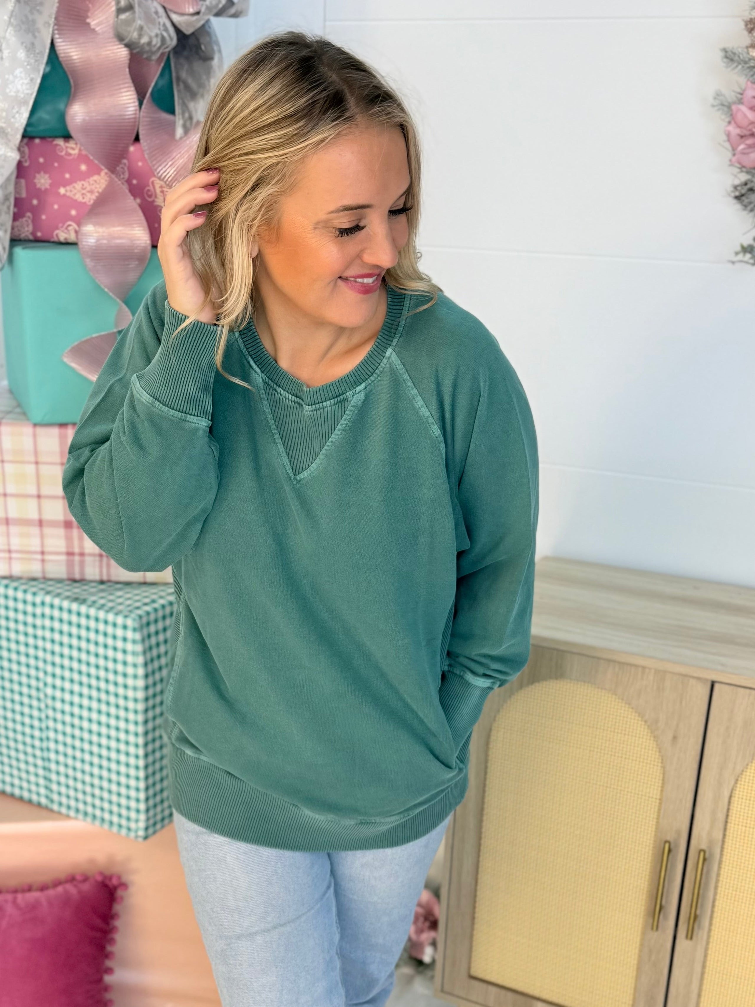 Keeping it Casual Pullover 2025 - Green-150 Sweatshirts-zenana-The Lovely Closet, Women's Fashion Boutique in Alexandria, KY