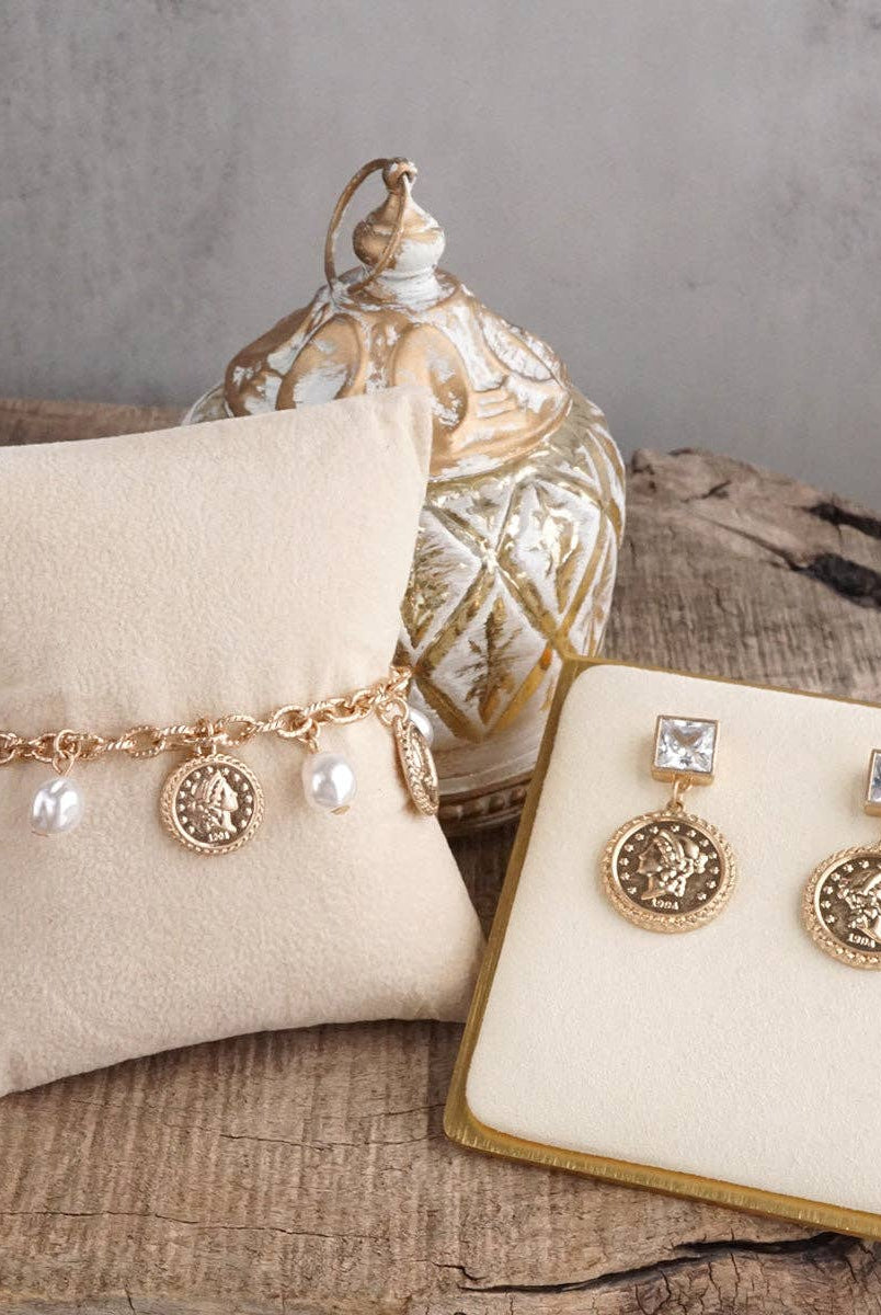 Starlit Relics – Coin & Pearl Station Necklace: Worn Gold Tone-250 Jewelry-PennyLine inc-The Lovely Closet, Women's Fashion Boutique in Alexandria, KY