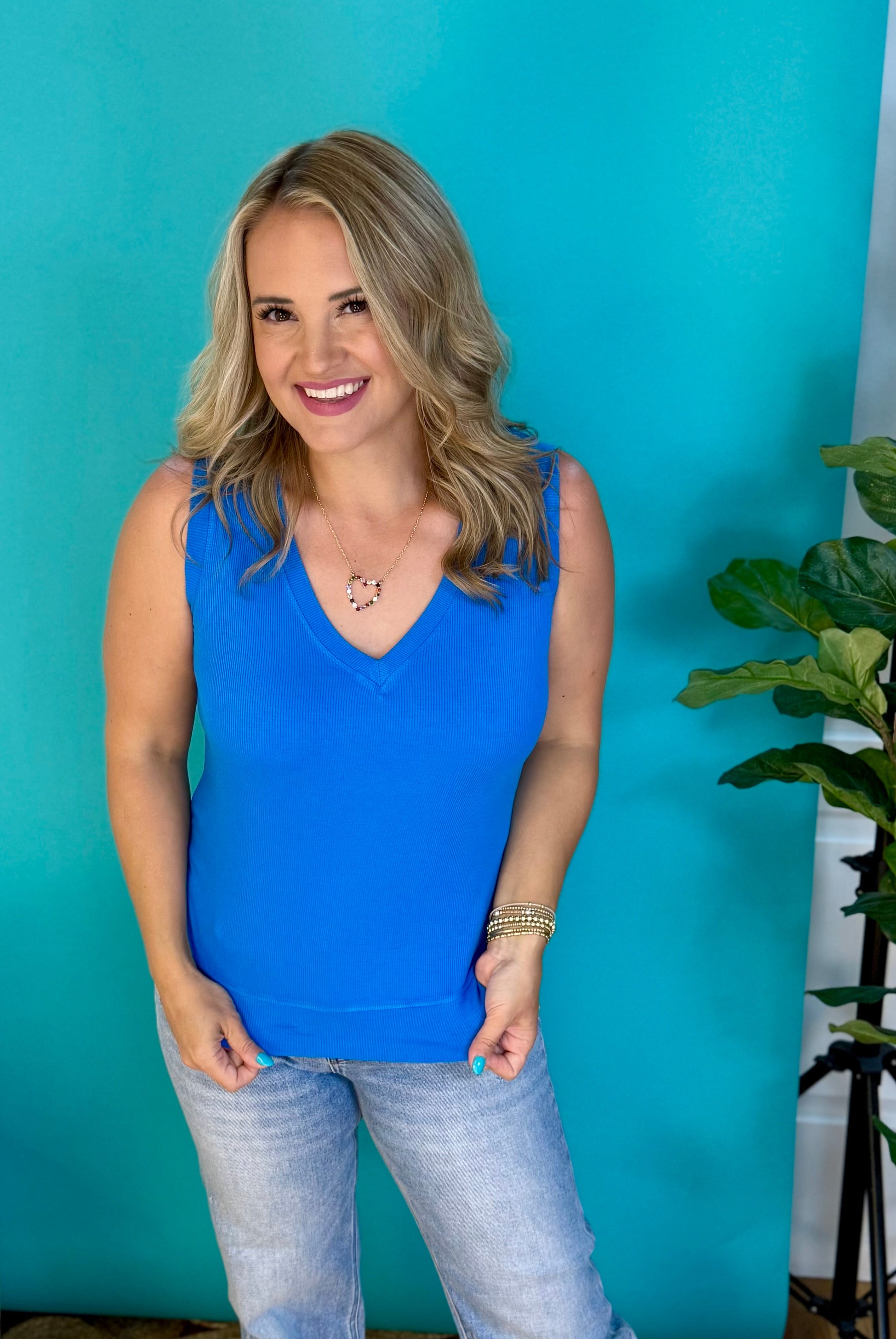 LuxeAir Ribbed Relaxed V-Neck Tank - Blue-120 Sleeveless Tops-Yelete-The Lovely Closet, Women's Fashion Boutique in Alexandria, KY