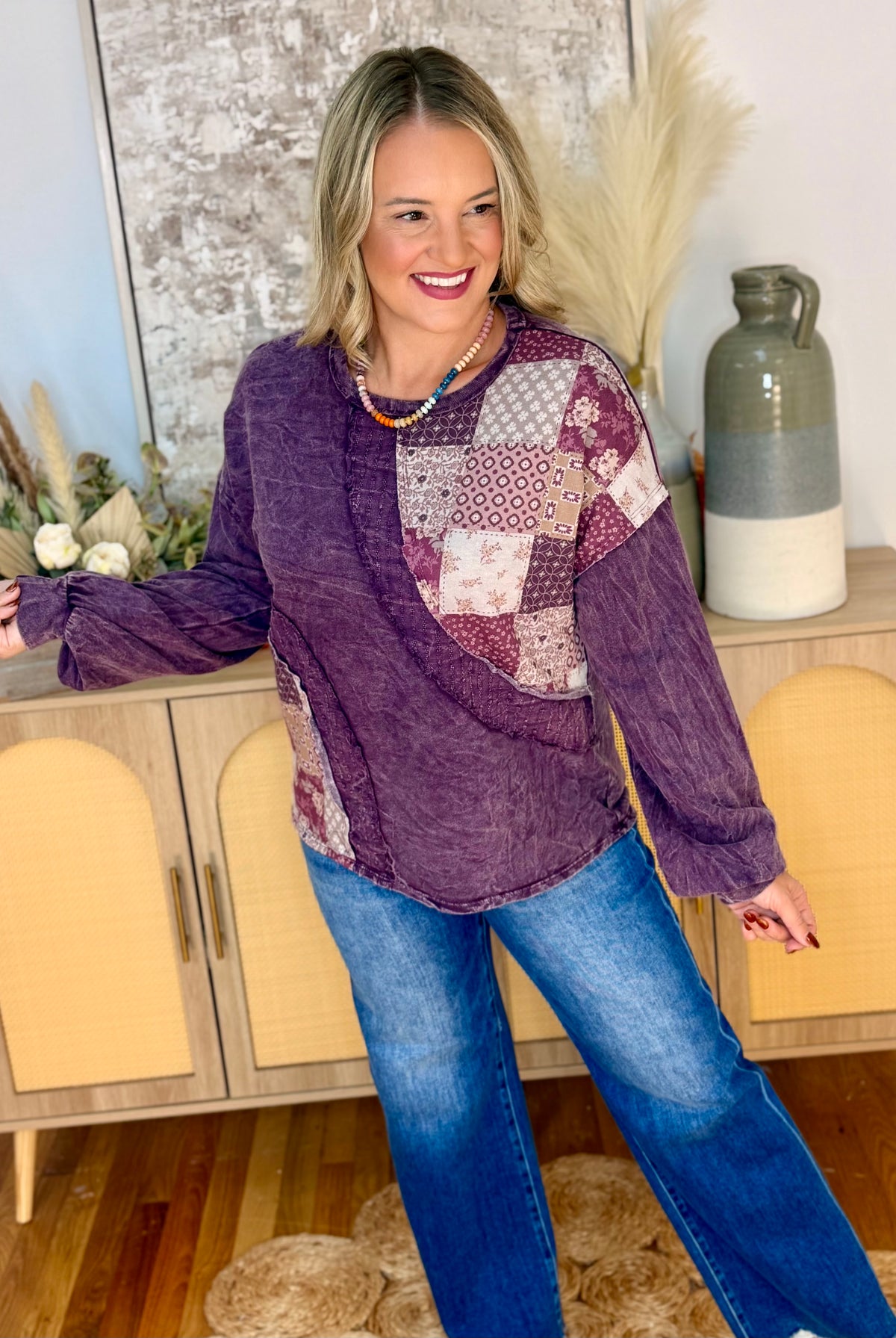 Mineral Wash Patchwork Swirl Top-110 Long Sleeve Top-jHer-The Lovely Closet, Women's Fashion Boutique in Alexandria, KY