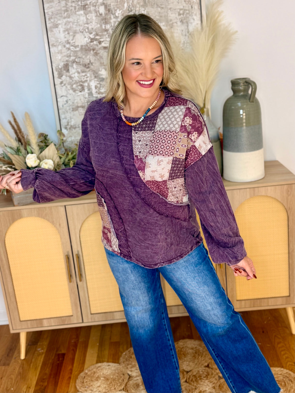 Mineral Wash Patchwork Swirl Top-110 Long Sleeve Top-jHer-The Lovely Closet, Women's Fashion Boutique in Alexandria, KY