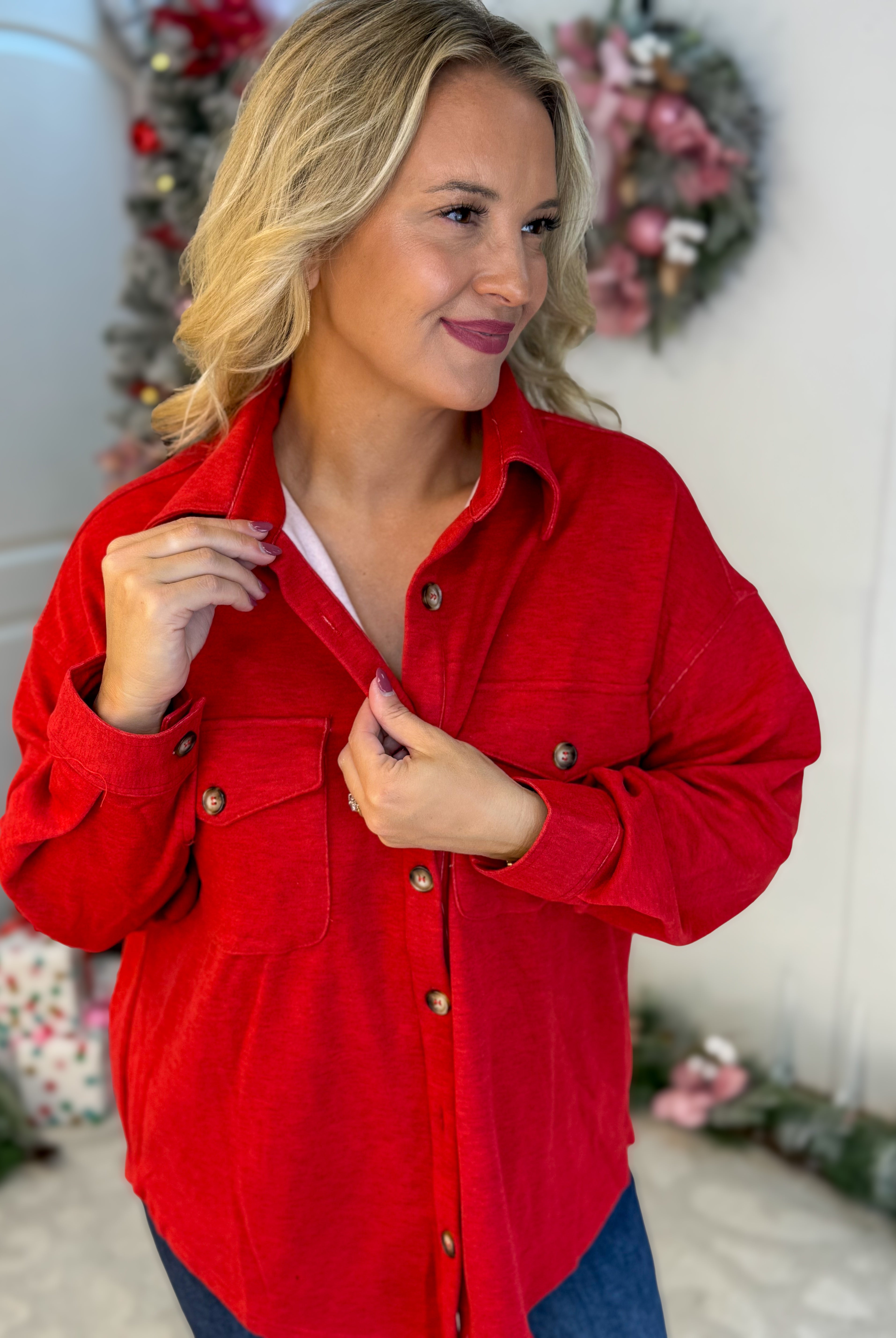 Cozy Season Button Down Shacket - Red-170 Jackets/Outerwear-White Birch-The Lovely Closet, Women's Fashion Boutique in Alexandria, KY