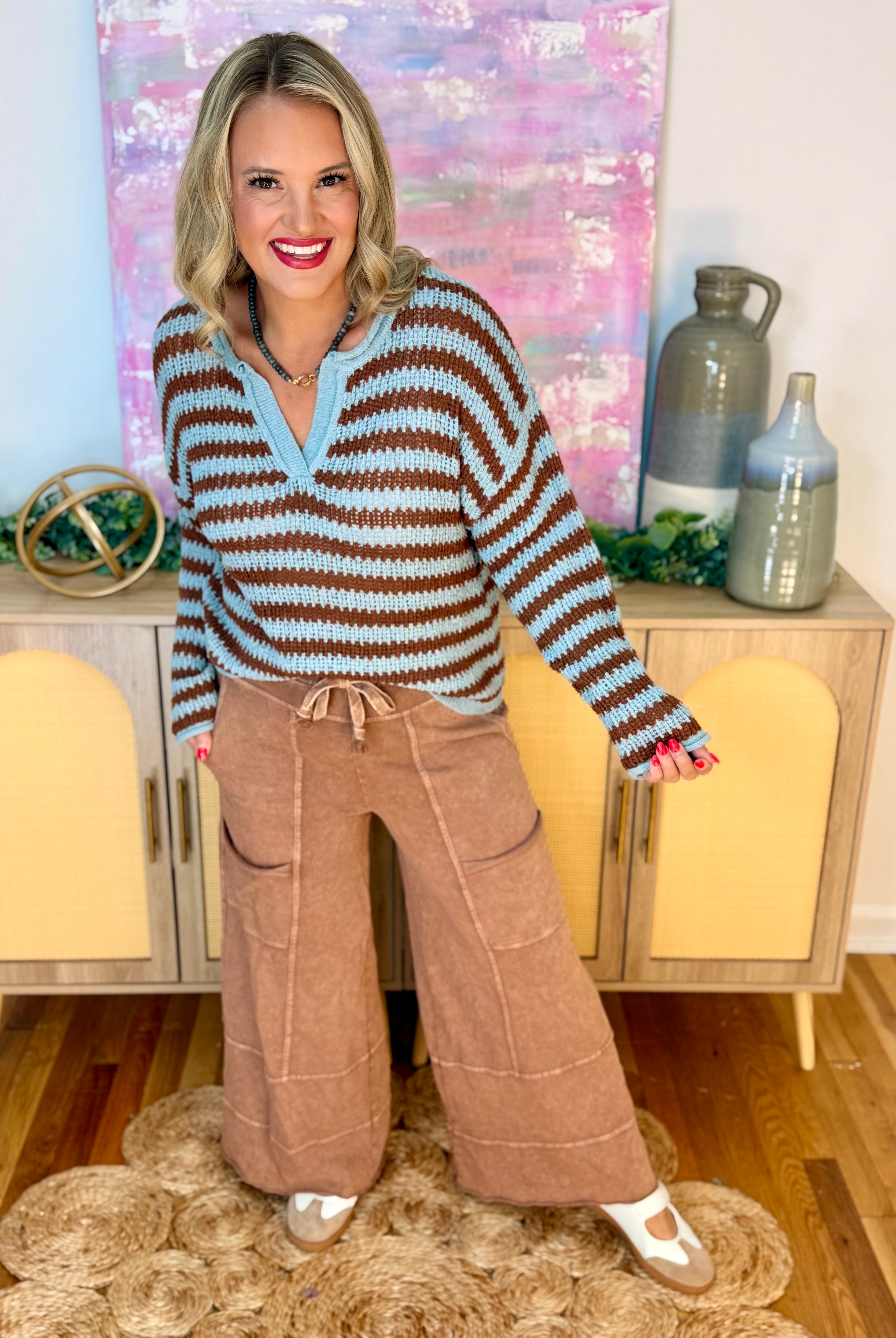 Scenic Route Sweater - Lt. Blue/Brown-110 Long Sleeve Top-Blu Pepper-The Lovely Closet, Women's Fashion Boutique in Alexandria, KY