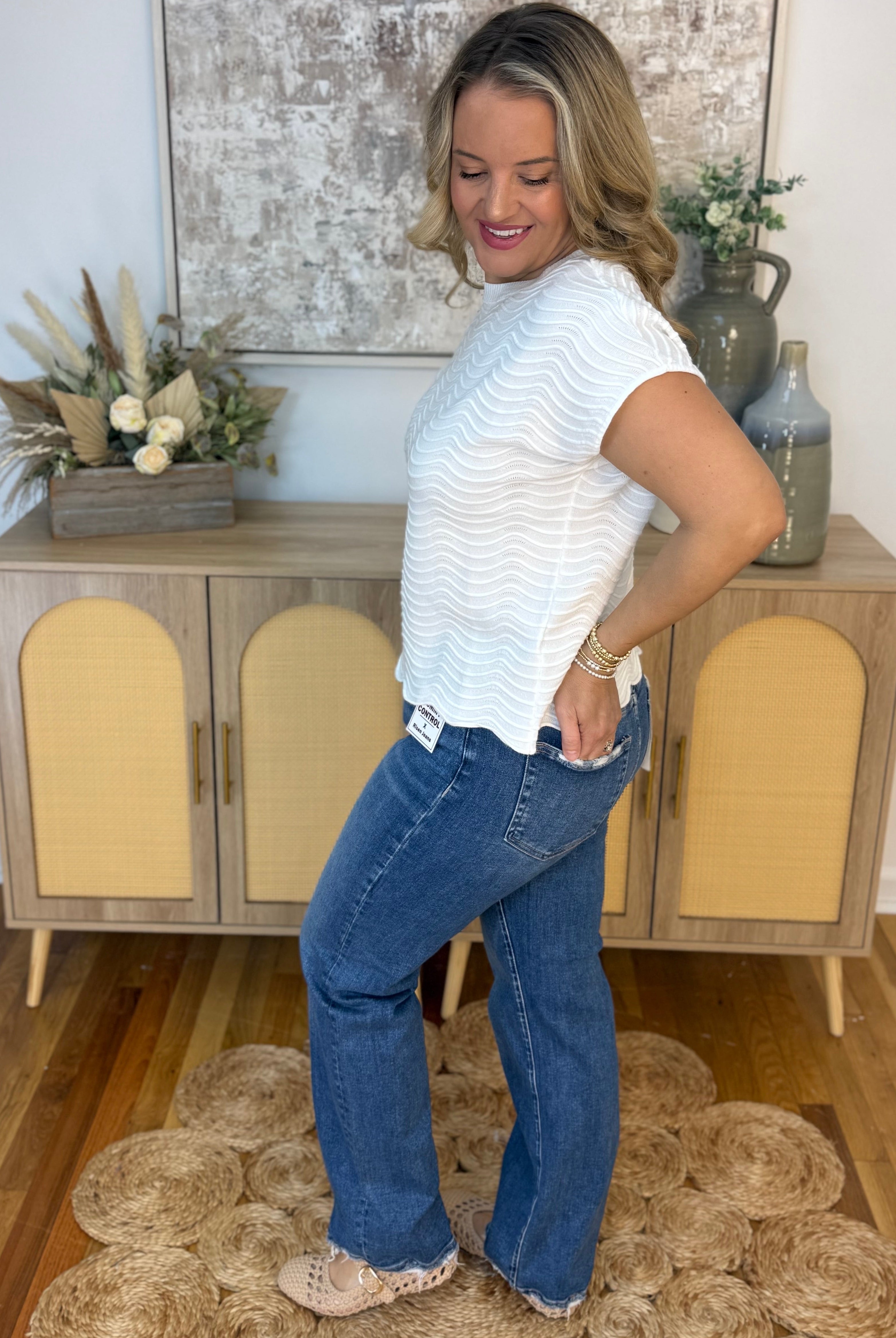 RISEN Tummy Control Ankle Straight Distressed Hem - Dark-210 Jeans-Risen-The Lovely Closet, Women's Fashion Boutique in Alexandria, KY