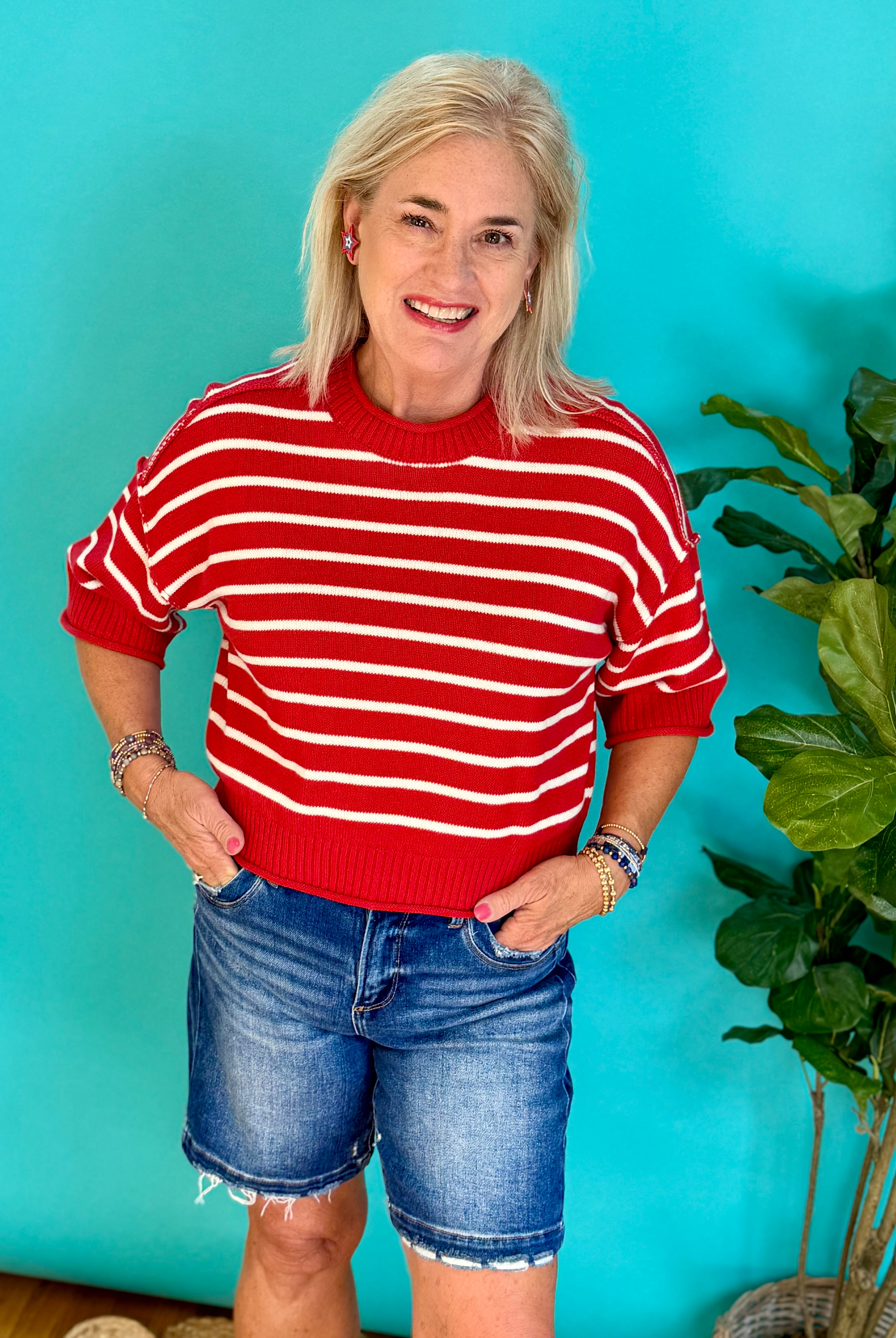 Red & White Striped Sweater-100 Short Sleeve Tops-Blu Pepper-The Lovely Closet, Women's Fashion Boutique in Alexandria, KY